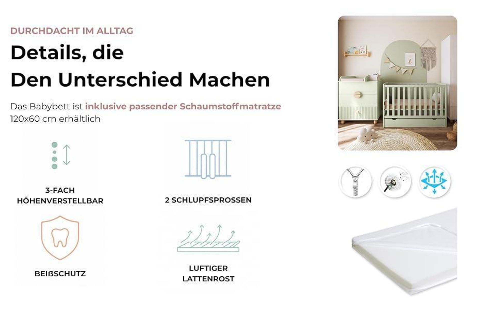 ZEE BAMBI Weiß Babybett 120x60 cm 2in1 mit Matratze, Schublade & Schutzbarriere Klassisches Gitterbett 3-Fach Höhenverstellbar Kinderbett