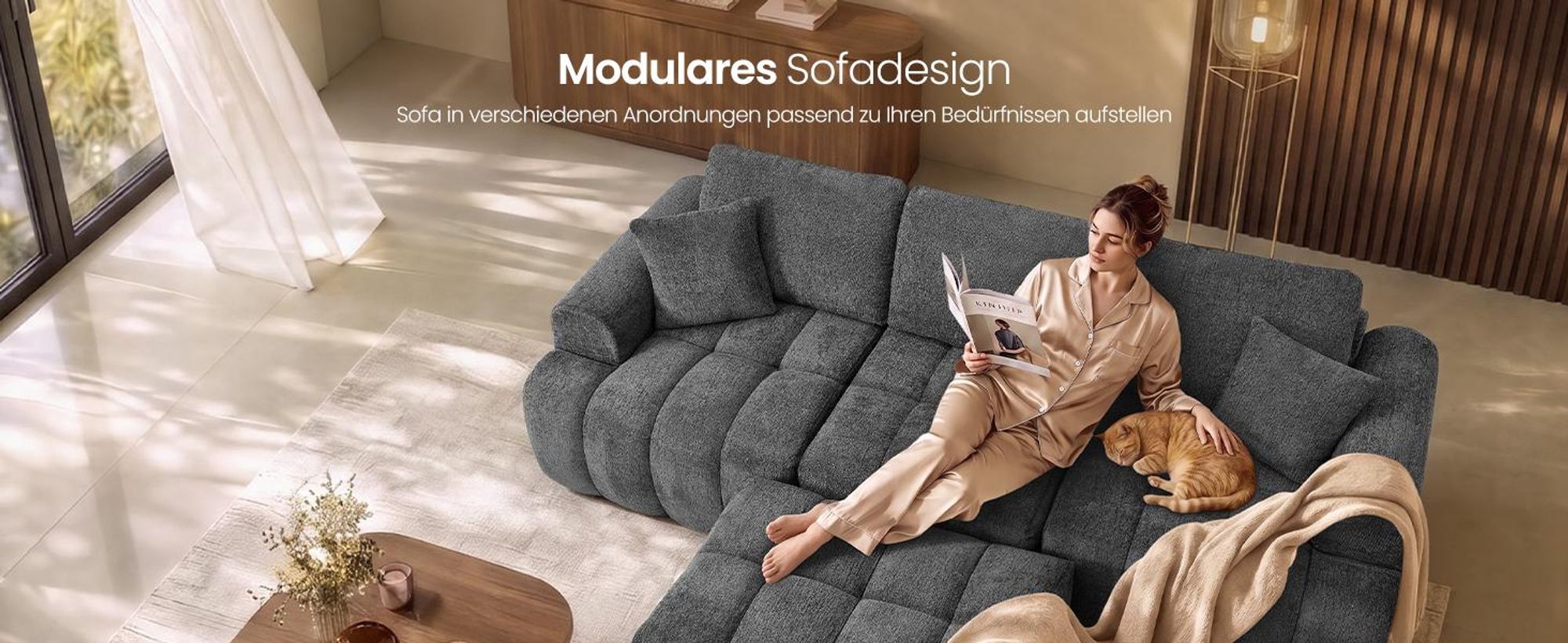 VASAGLE Modulares Sofa und Hocker Set, Chenille, Grau