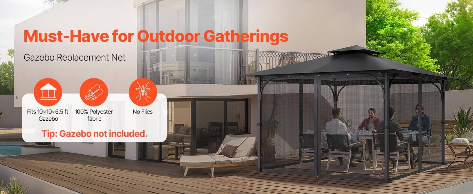 VEVOR Pavillon-Moskitonetz für 304 x 304 x 198 cm große Pavillons, 4-teiliger Seitenwand-Pavillonvorhang mit Doppelreißverschluss (nur Moskitonetz)