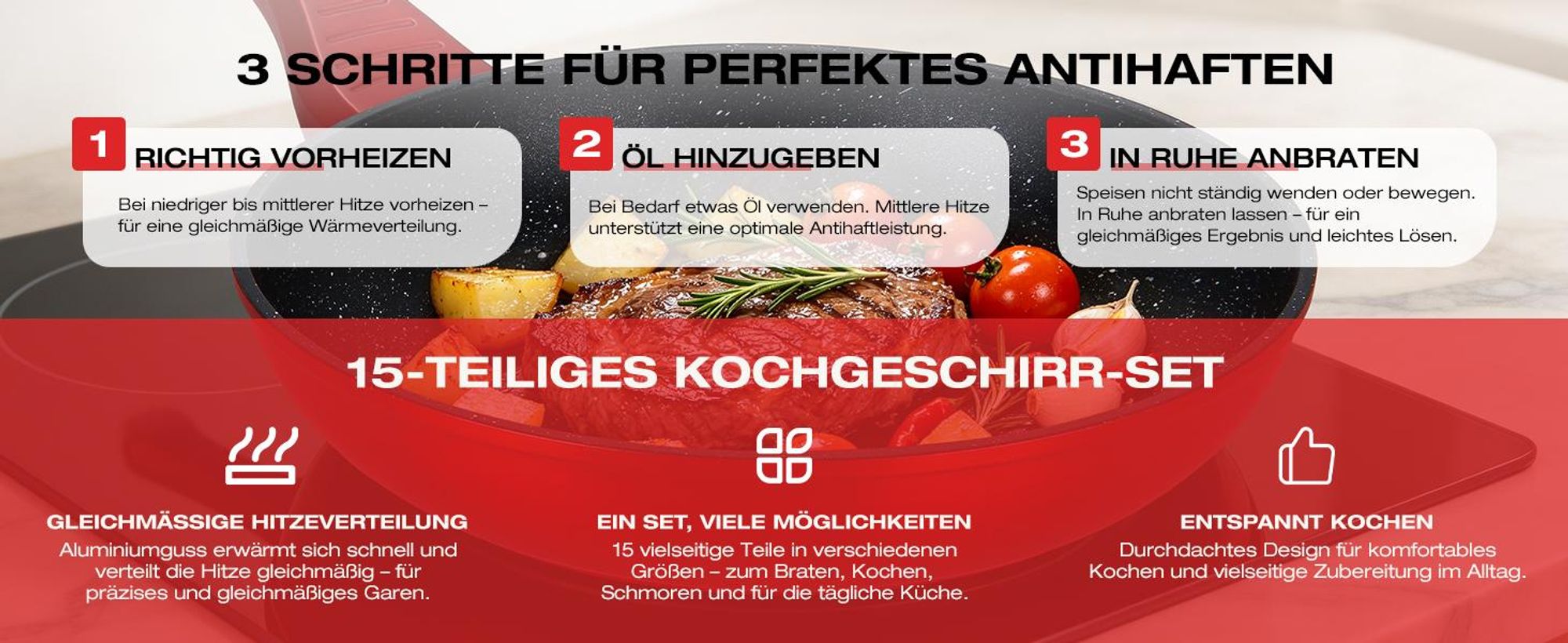 Topfset Induktion 15-Tlg Topfset Pfannenset Kochtopfset, Aluminium Antihaft-beschichtete Töpfe & pfannen,Cookware-Rot(HLCW15RD)