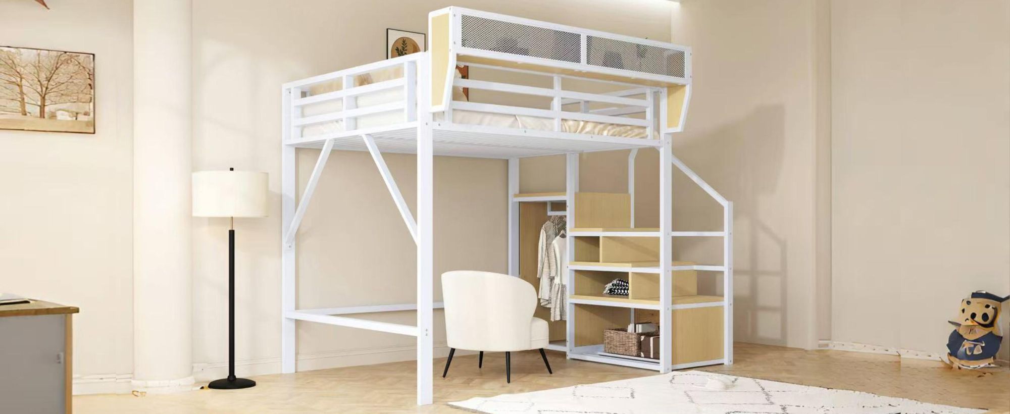 STILVORA Hochbett 140x200 Bettgestell Jugendbett mit Sicherheitsleiter und flexiblem Staufach,Metallbett mit Rausfallschutz(Ohne Matratze)-Weiß