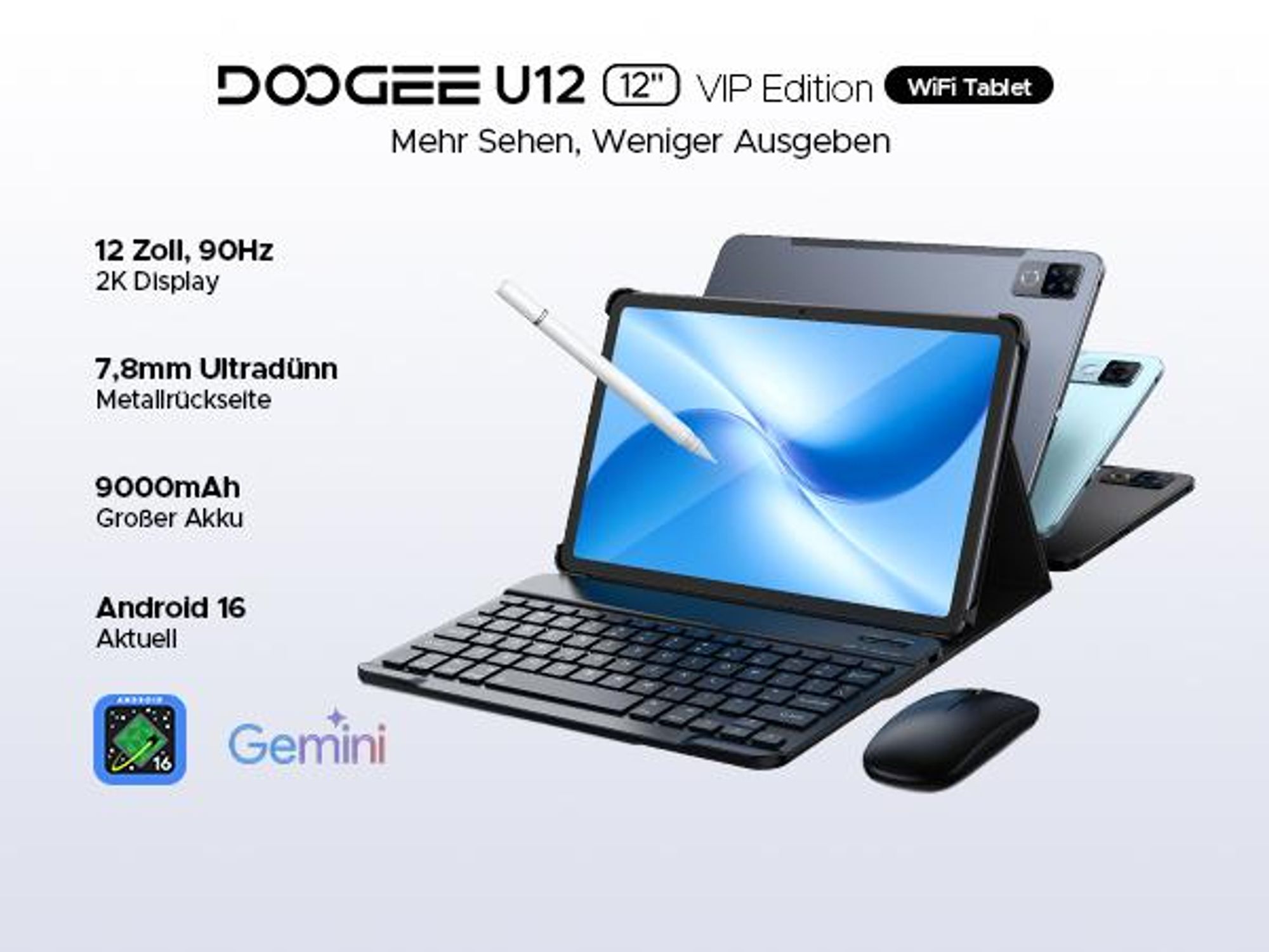 DOOGEE U12 Tablet Android 16, 12 Zoll, 24GB+128GB, 9000mAh, 90Hz – Bundle mit Schutzhülle, Bluetooth-Tastatur, Bluetooth-Maus, Schutzfolie und Eingabe