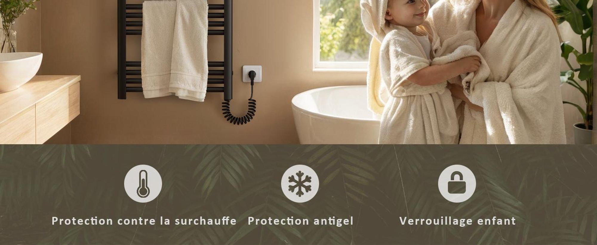 EMKE Sèche-serviettes électrique 1200x540 mm, 600W noir avec minuterie tactile et programmation hebdomadaire, radiateur de salle de bain