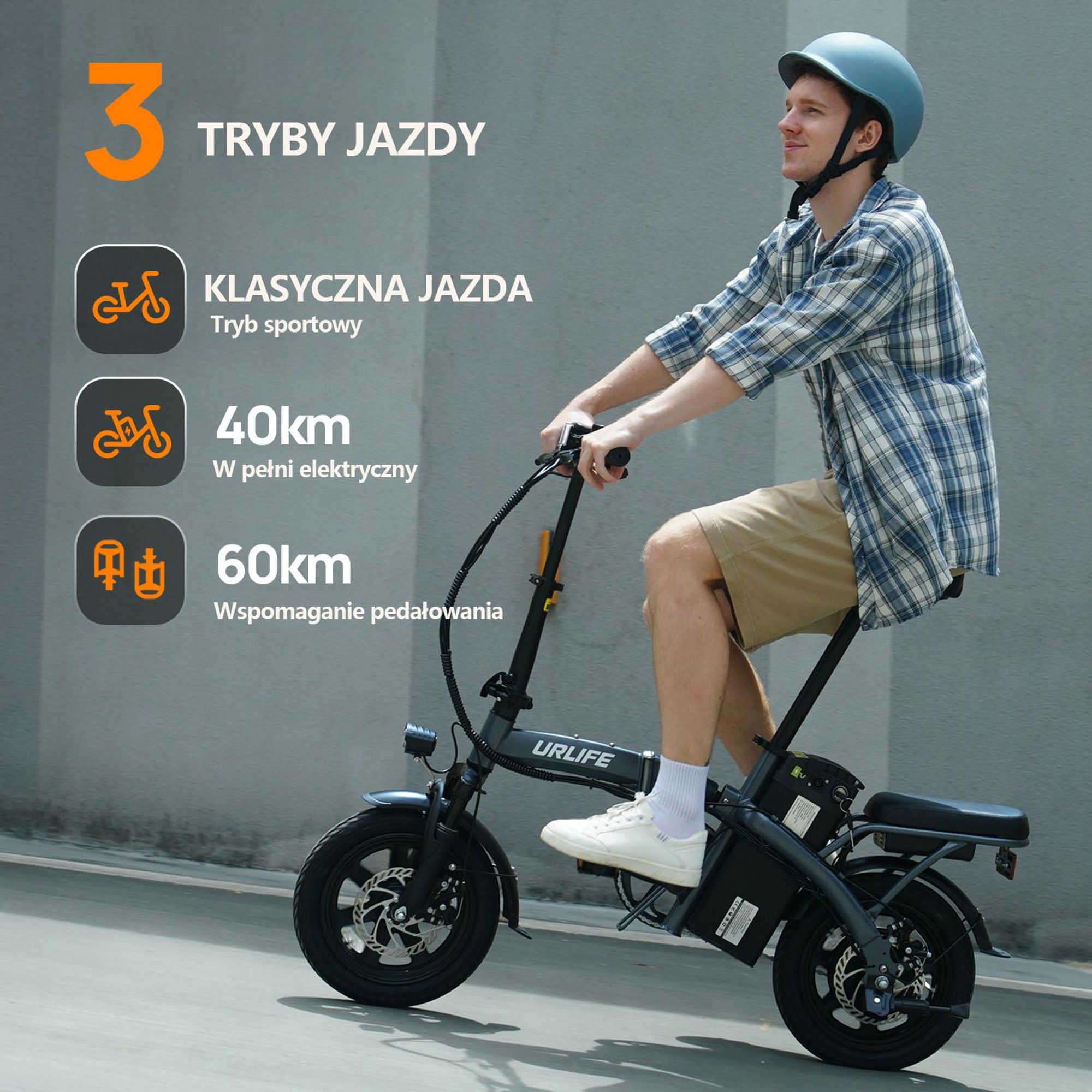Rower Elektryczny  URLIFE F1L - 48V 7.5Ah Bateria 14 Calowe koła Hamulce Tarczowe - Czarny