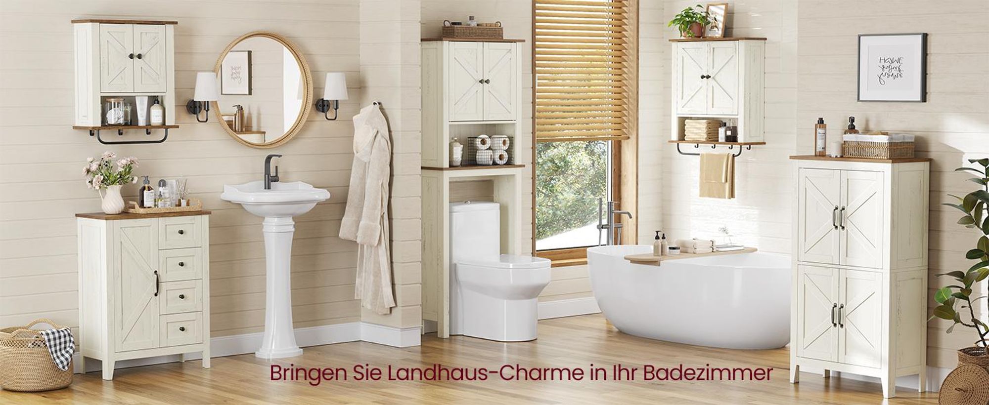 VASAGLE LIRY Kollektion - Aufbewahrungsschrank im Landhausstil, Badschrank mit Türen, freistehende Küchenschrank, verstellbare Ablagen
