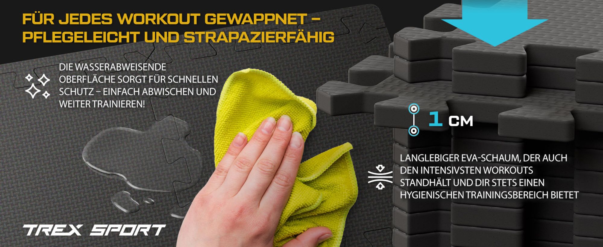 TREX SPORT Bodenschutzmatte Puzzlematte 24 Stk. Set TX-010PM |1cm EVA Schaumstoff Unterlegmatte für Fitnessgeräte |Bodenschutz rutschfest, wasserdicht