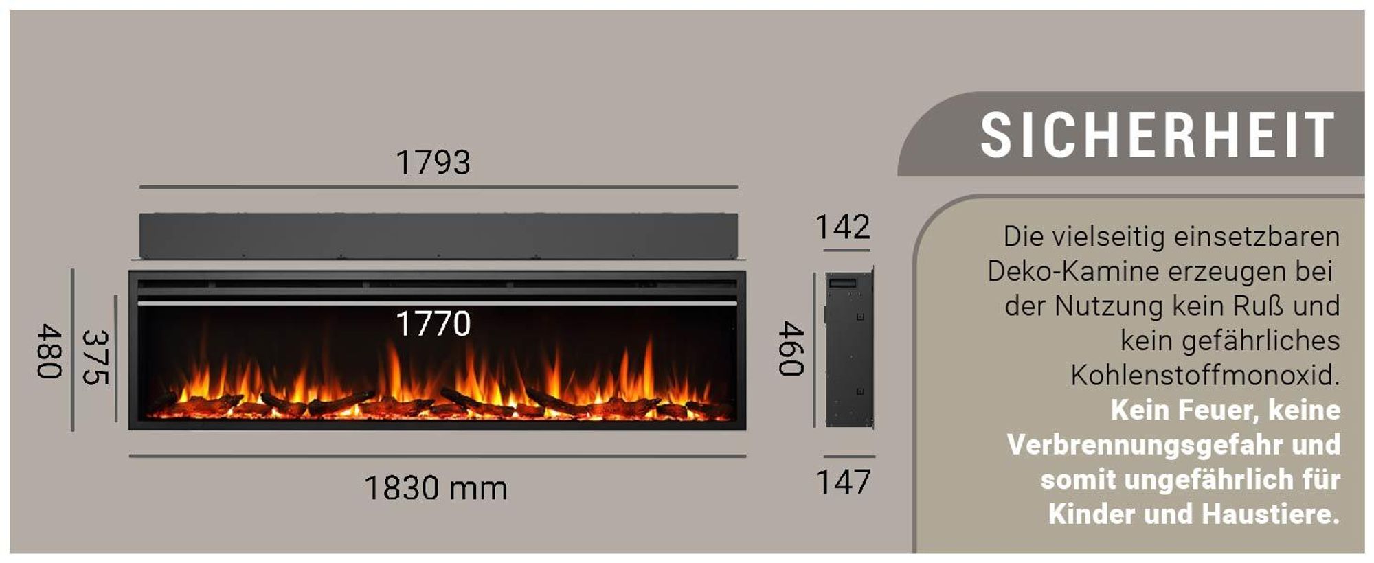BALDERIA Elektrokamin Atalanta 72" | Einbaukamin, LED 3D-Flammeneffekt, LED-Ambientebeleuchtung, Heizung 1500W, App, Knistereffekt, Timer, Thermostat, Offene-Fenster-Erkennung, Fernbedienung | Schwarz