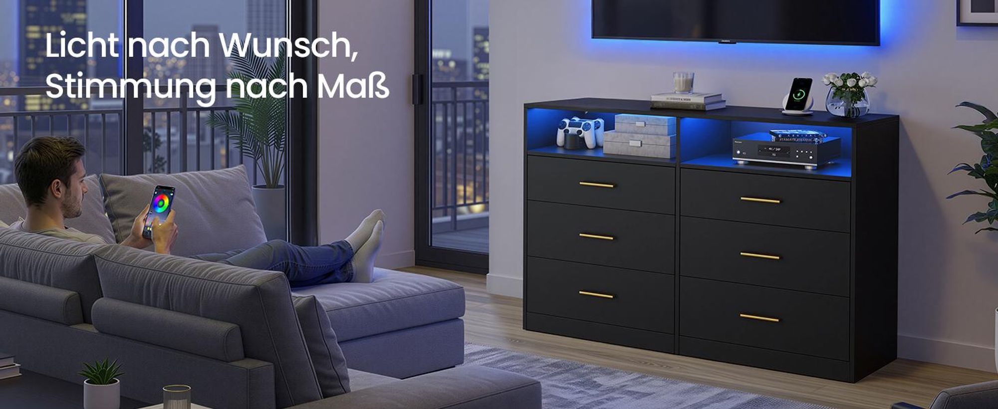 VASAGLE Kommode mit LED-Beleuchtung und Ladestation, 6 Schubladen, modern, Schlafzimmer Wohnzimmer, schwarz