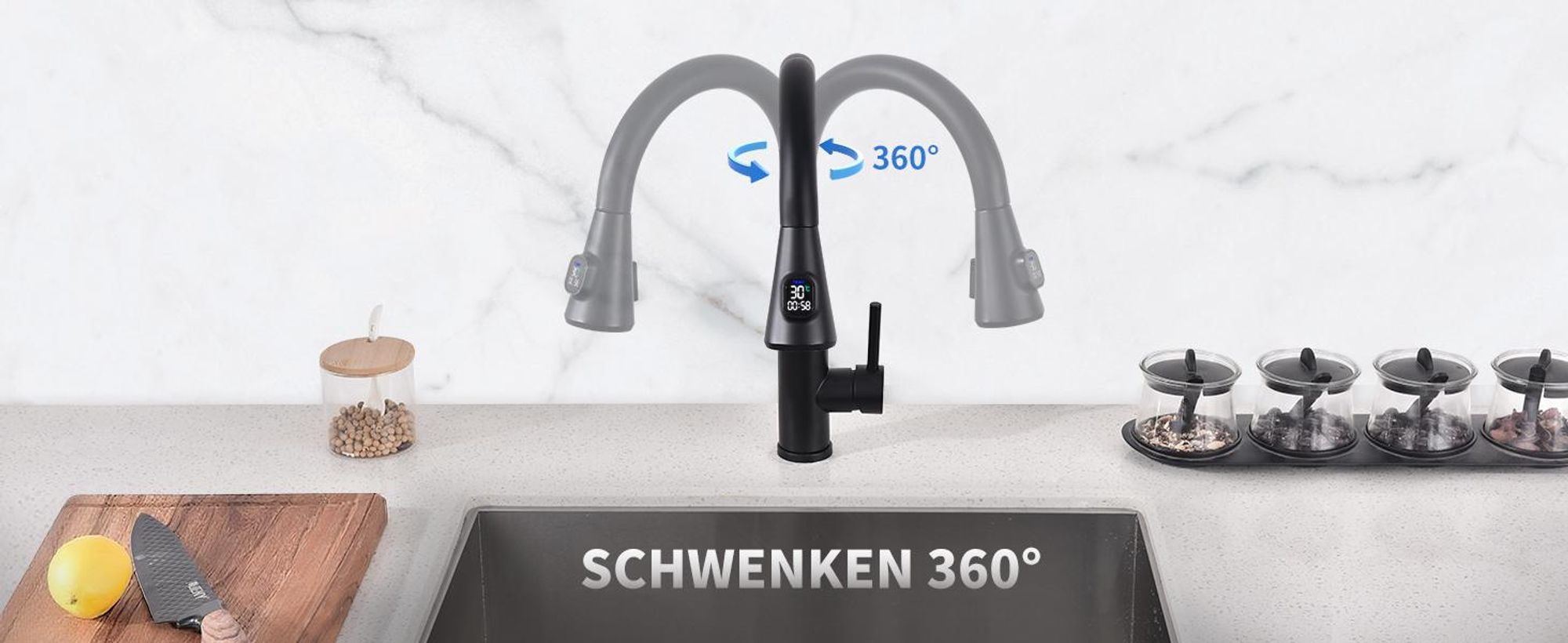 Homelody Wasserhahn Küche mit 2 Strahlarten,360° Drehbar Küchenarmatur,Edelstahl Spültischarmatur,Hochdruck Armatur,Mischbatterie Küche Schwarz