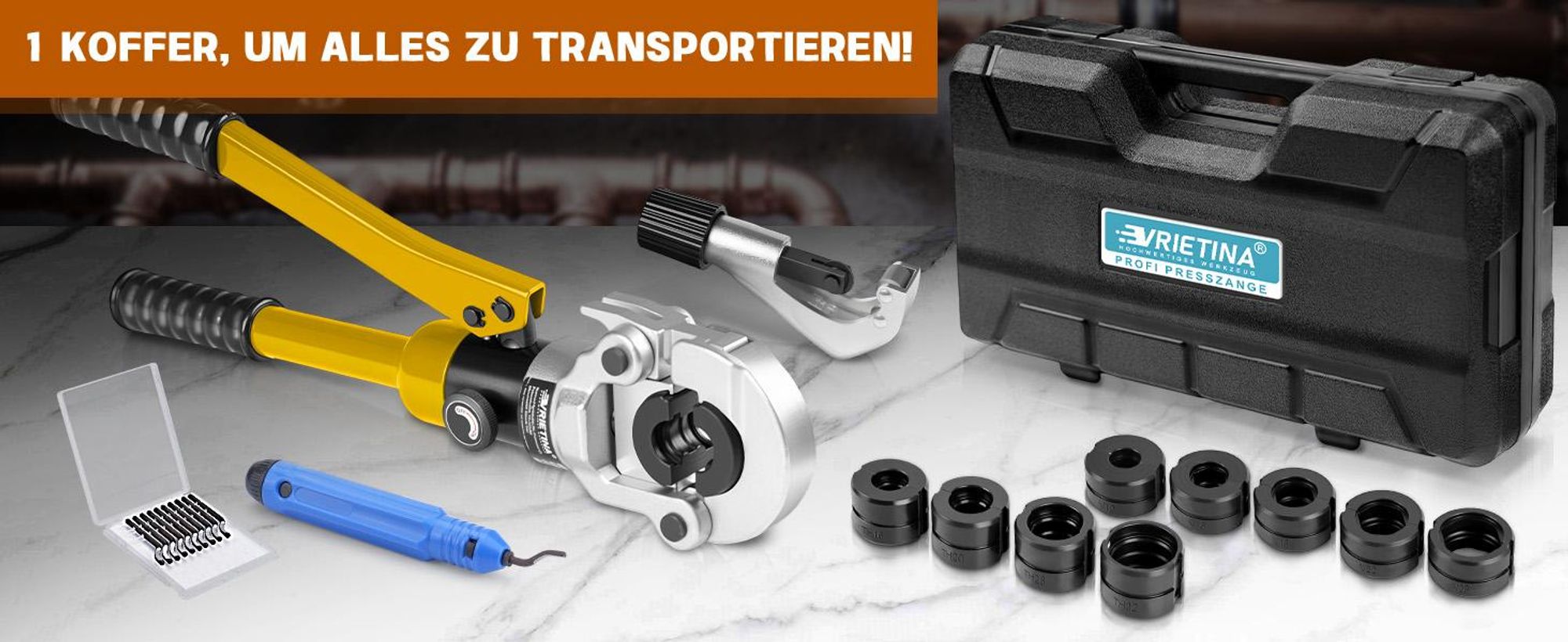 Profi Presszange V-Kontur TH-Kontur für Kupferrohr Edelstahlrohr Verbundrohr, Handpresszange, Hydraulik-Crimpzange Backeneinsätze mit TH16-32 & V12-28