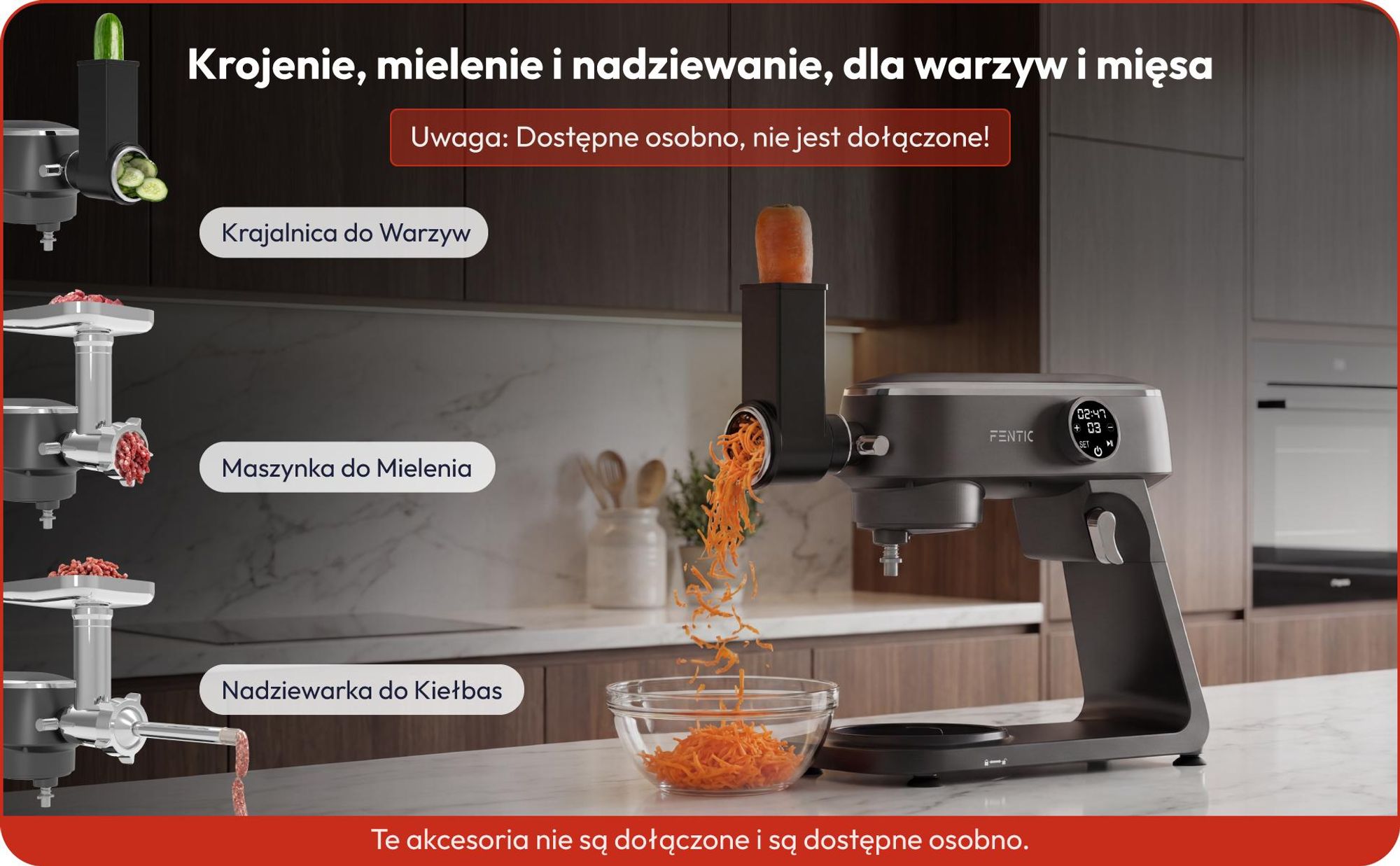Fentic Robot Kuchenny 1800W, Misa nierdzewna 7L, Mikser planetarny do ciasta na chleb i pizzę, 10 prędkości z timerem & osłona przeciwbryzgowa
