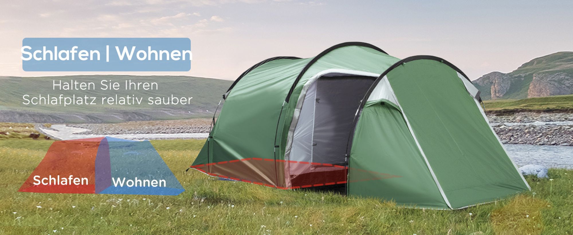 Outsunny Zelt für 2 Personen 190T Tunnelzelt Campingzelt Glasfaser Dunkelgrün