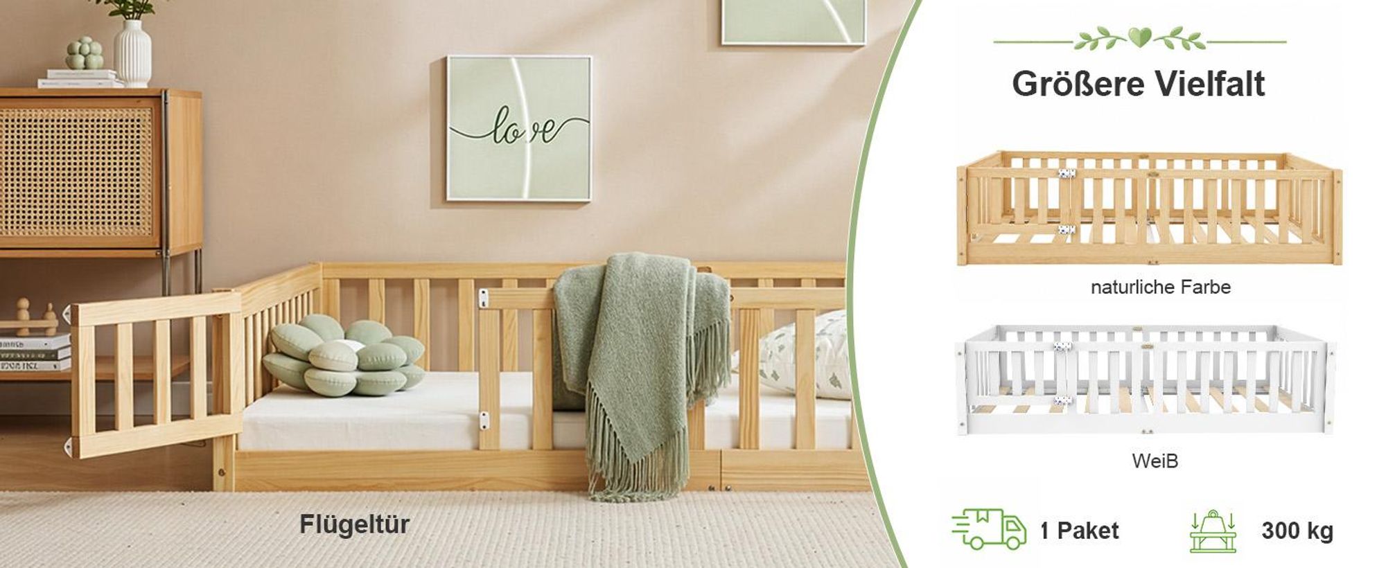 FCH Kinderbett mit Rausfallschutz & Lattenrost, 80x160cm, Montessori Bodenbett mit seitlichem Ausstieg, Einzelbett für Jugendzimmer, Naturbelassen