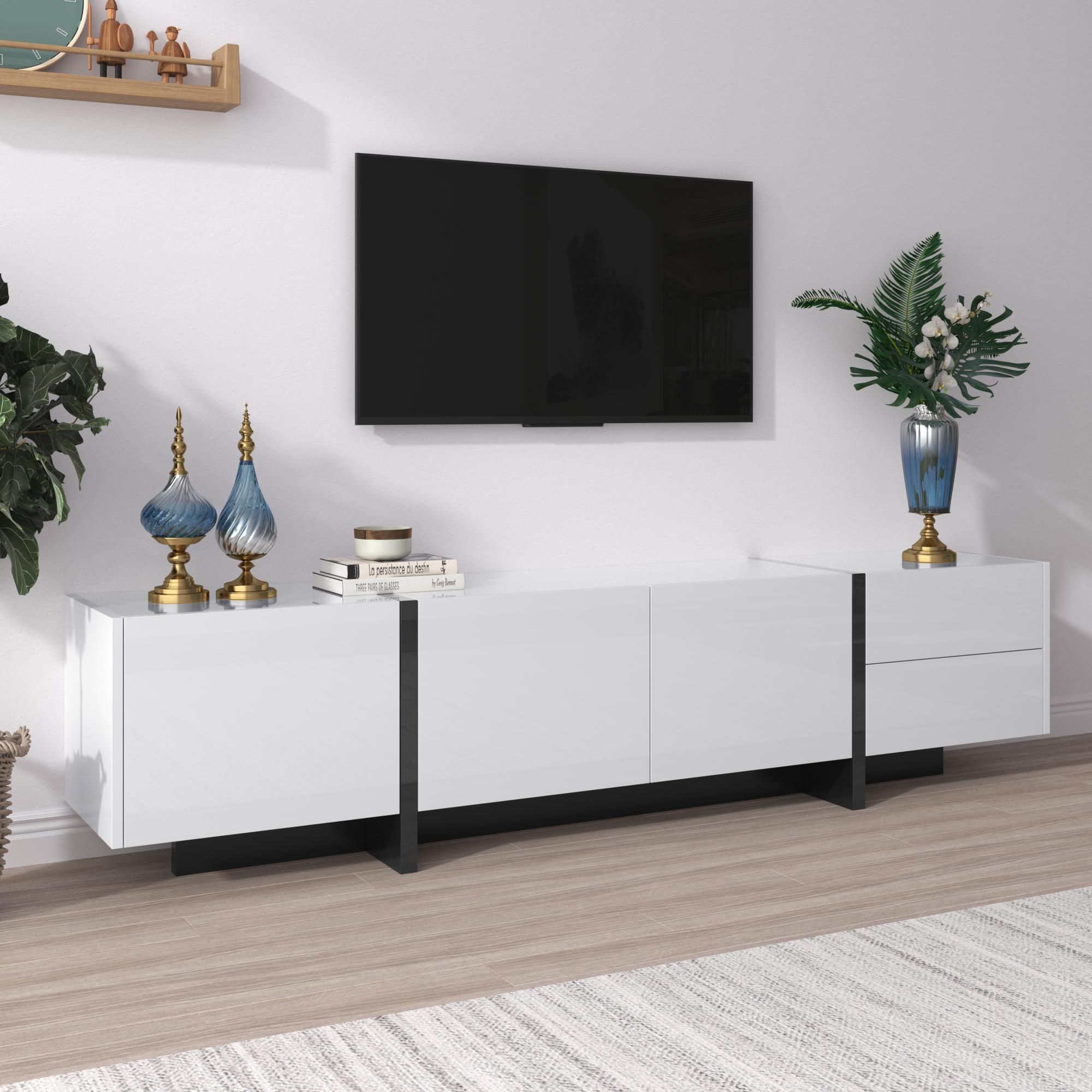 Merax TV-Lowboard Hochglanz weiß Fernsehschrank mit 2 Schubladen, Türen mit Regalen, TV-Board TV-Schrank, Breite:190cm