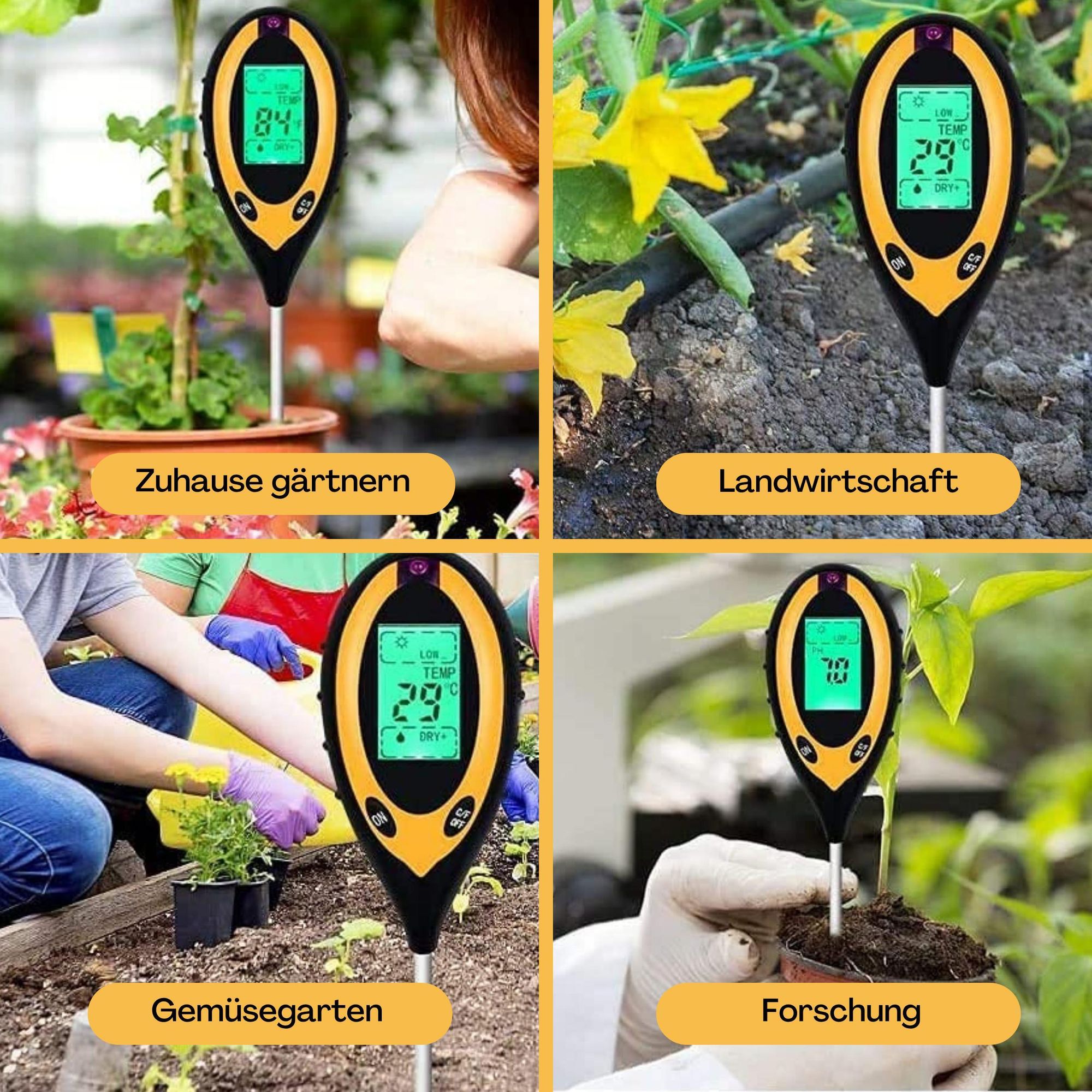 Vulpes Goods Bodenfeuchtigkeitsmessgerät, Für Pflanzen, 4-in-1, Thermo- und Feuchtigkeitsmesser, Innen und Außen, pH Licht, Boden testen, Mit Batterie