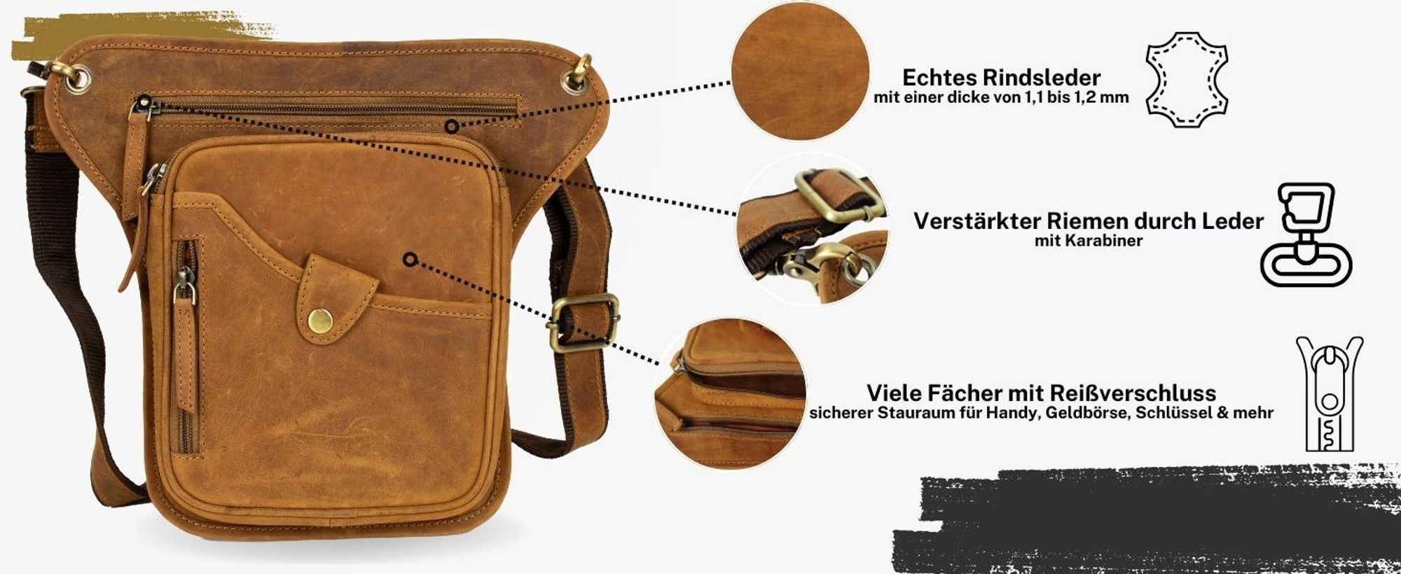 Motorrad Biker Beintasche Hüft-, Gürteltasche Leder Bauchtasche Motorrad(Braun)