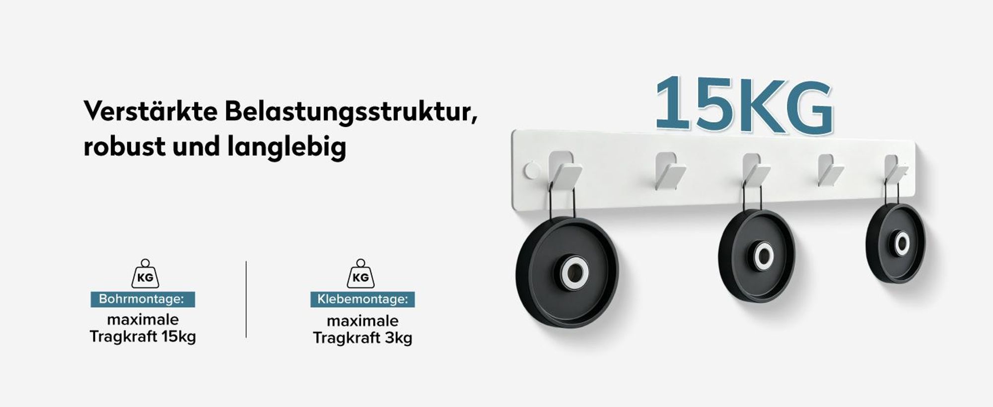 doporro Garderobenleiste mit 5 Haken, Wandgarderobe mit Garderobenhaken, Kleiderhaken Wand, Hakenleiste, selbstklebend oder zum Bohren, Weiß, Stalo-14