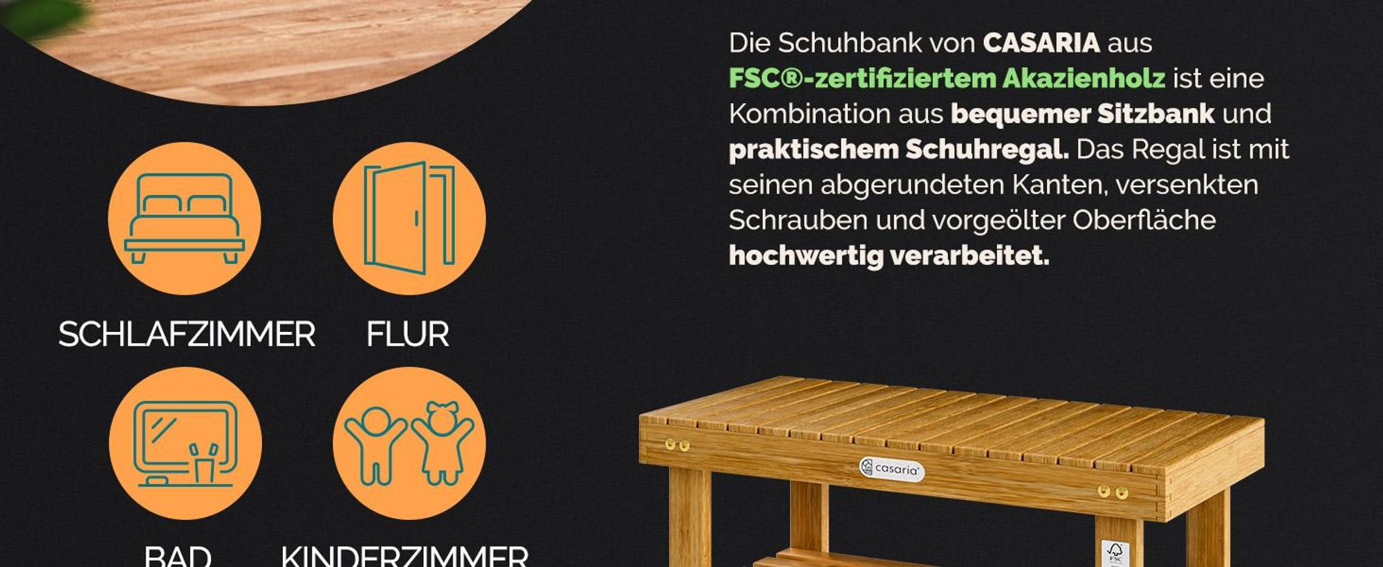 CASARIA® Schuhregal mit Sitzfläche Holz Massiv 160kg Belastbarkeit FSC®-Zertifiziert Akazie 3 Ebenen Flur Bad Schuhbank Sitzbank Schuhschrank Braun