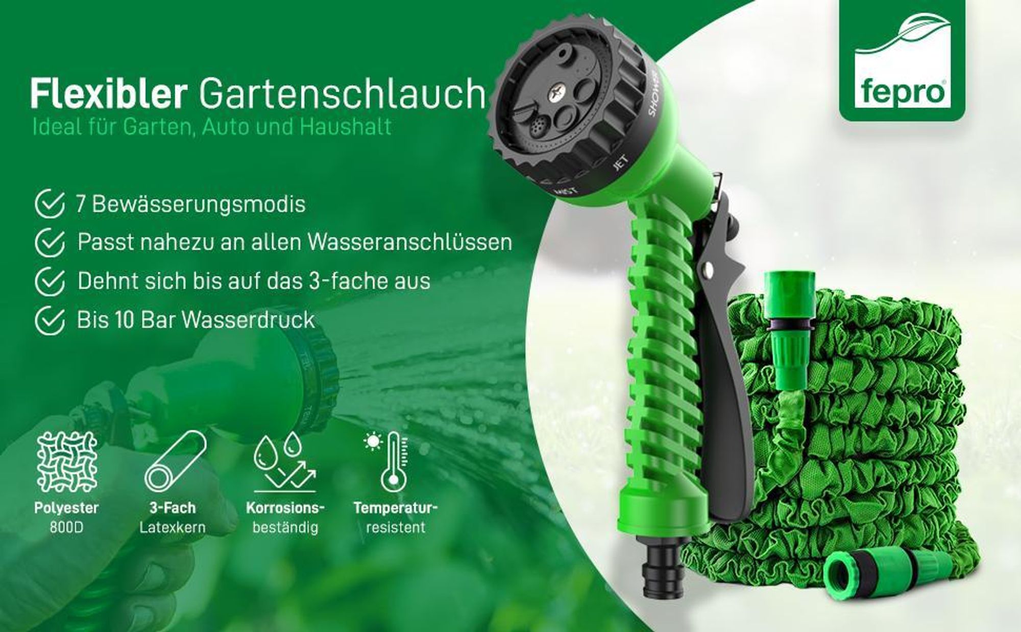 Fepro® Flexibler Gartenschlauch mit 7 Funktion 7,5m basic, Wasserschlauch flexibel mit 3-Fach Latexkern inkl. Adapter für 1/2' 3/4' Zoll und Wandhalterung, dehnbarer flexiSchlauch