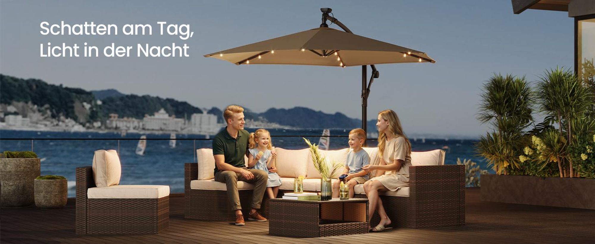 SONGMICS Sonnenschirm Ø 300 cm mit LED-Solar-Beleuchtung UPF 50+