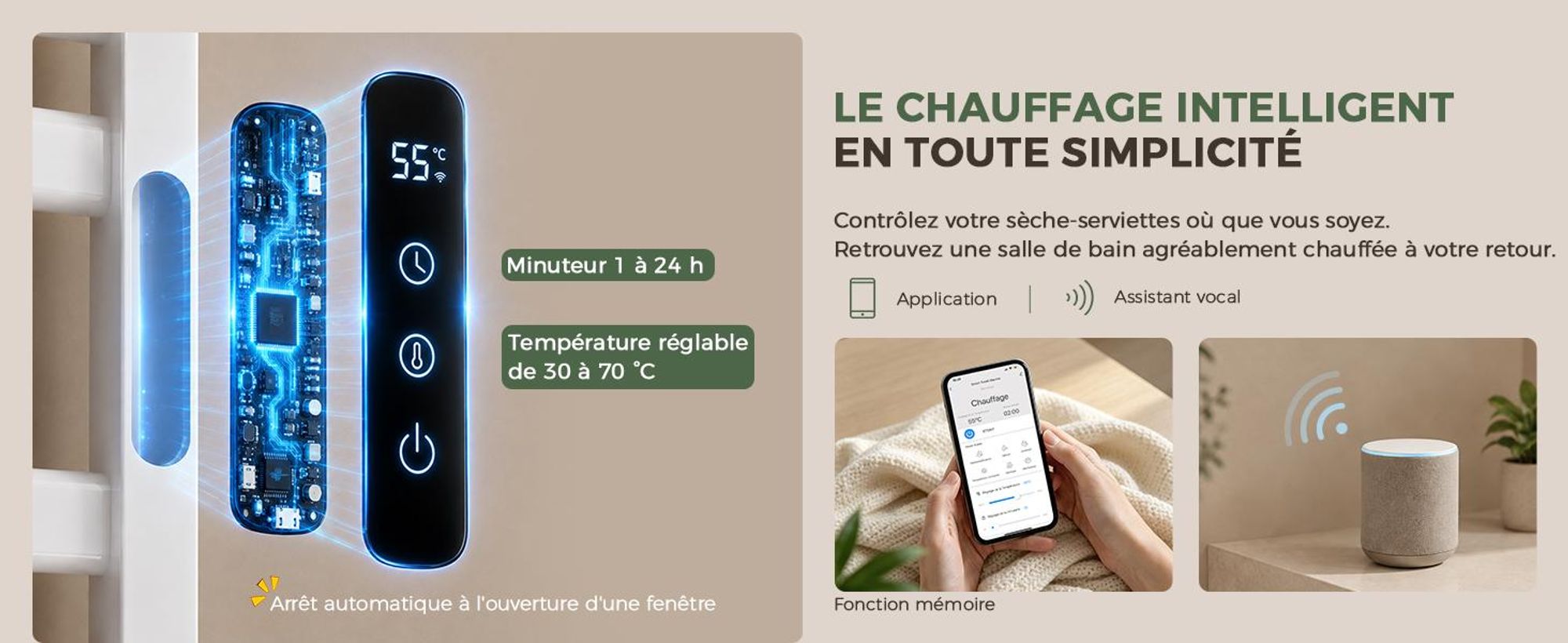 S'AFIELINA Sèche-serviettes électrique avec étagère 700× 600 mm 233 W Blanc,Radiateur sèche-serviettes électrique connecté, WiFi et application