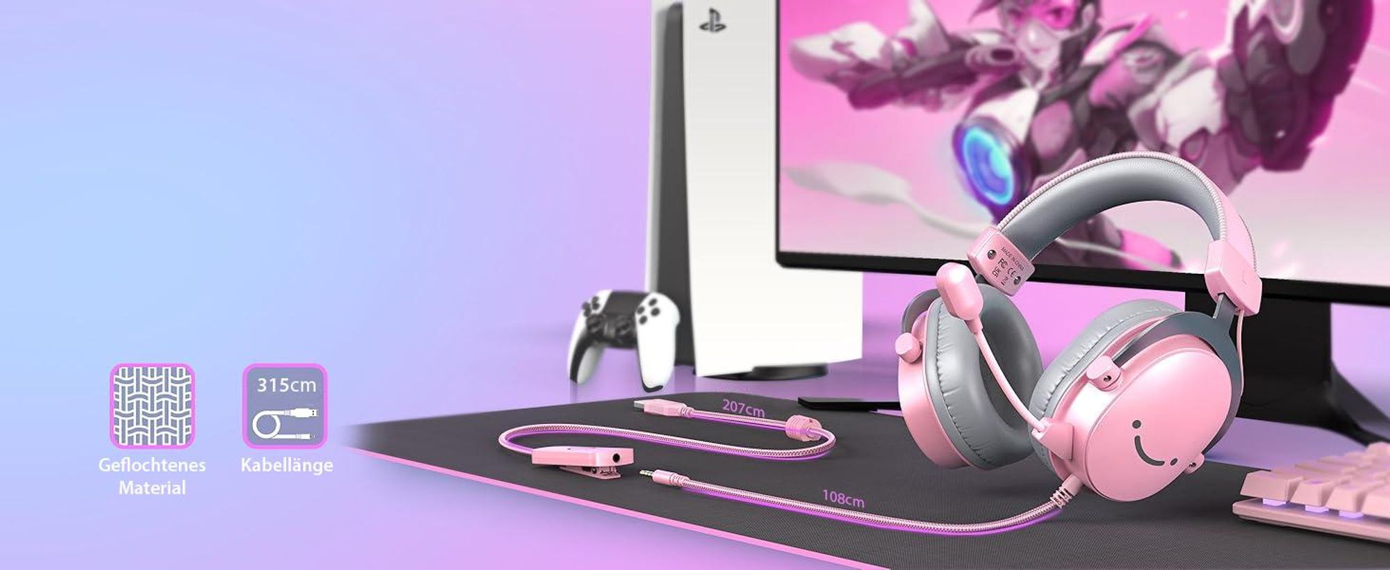 Fifine Headset Over-Ear Gaming-Headset mit Mikrofon Abnehmbar USB Headset mit Kabel, Rosa