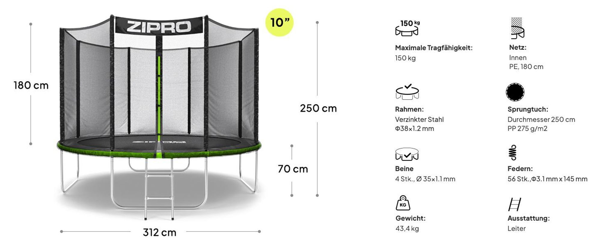 ZIPRO Trampolin Jump Pro Out | 10FT Ø 312 cm | Gartentrampolin Kindertrampolin Komplett-Set inkl. Außennetz, Leiter & Randabdeckung, Outdoor, Grün