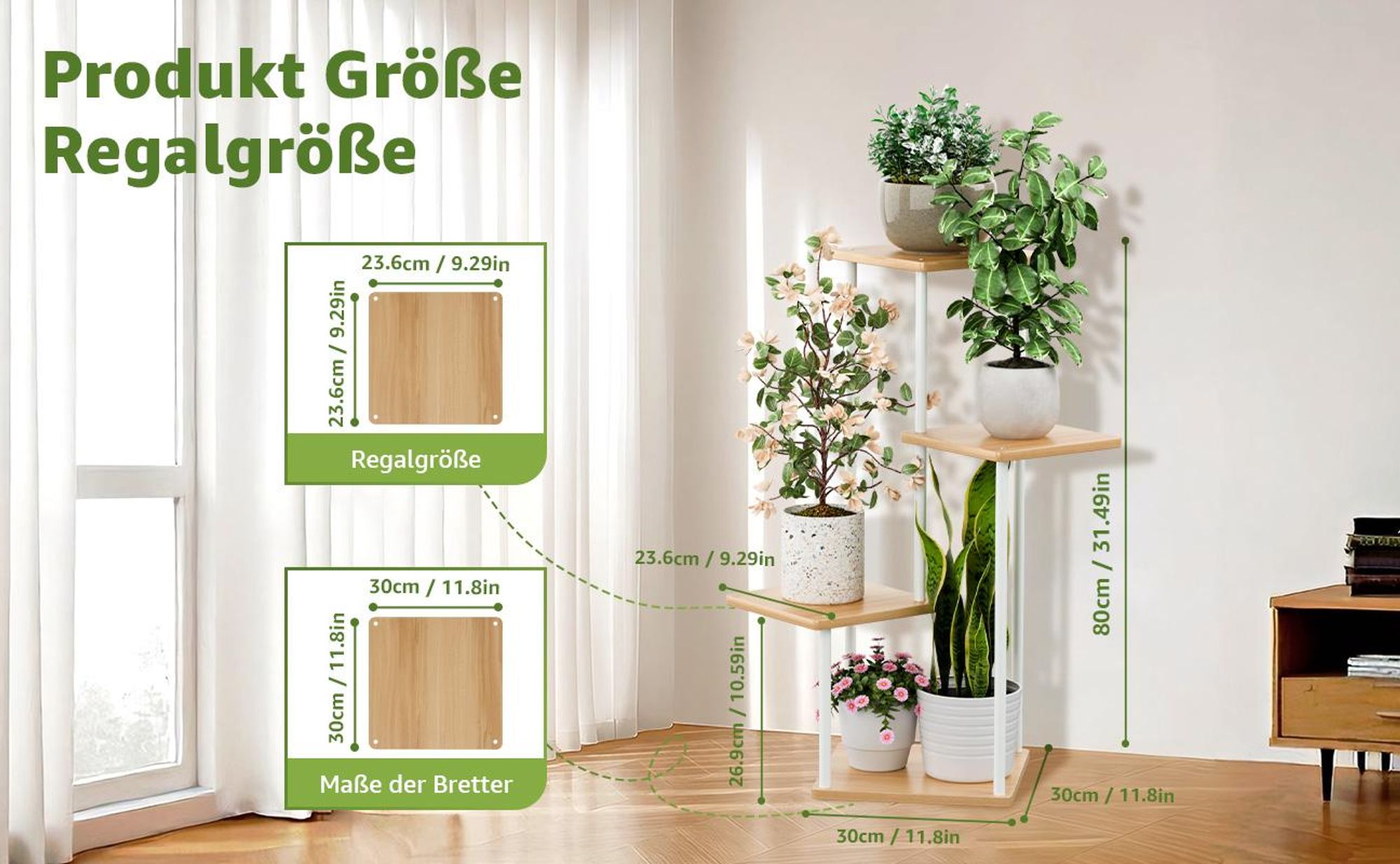 Mulisoft 4-Tier Hölzern Blumenregal Pflanzenregal, Mehrstöckig Blumenständer Pflanzenständer, Blumenbank Blumentreppe Pflanzentreppe, Standregal für Innen Garten Balkon Deko, Naturholzfarbe