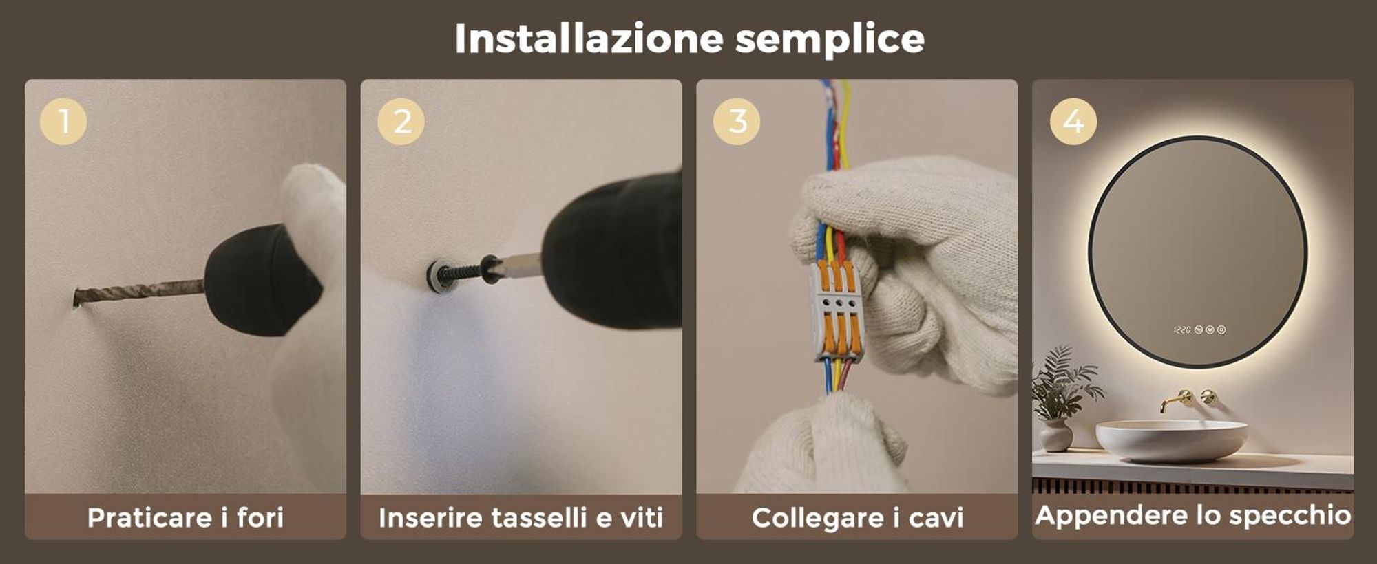 S'AFIELINA Specchio Bagno LED Rotondo 80 cm, Cornice Nera, 3 colori di luce, luminosità regolabile, antiappannamento, orologio e temperatura
