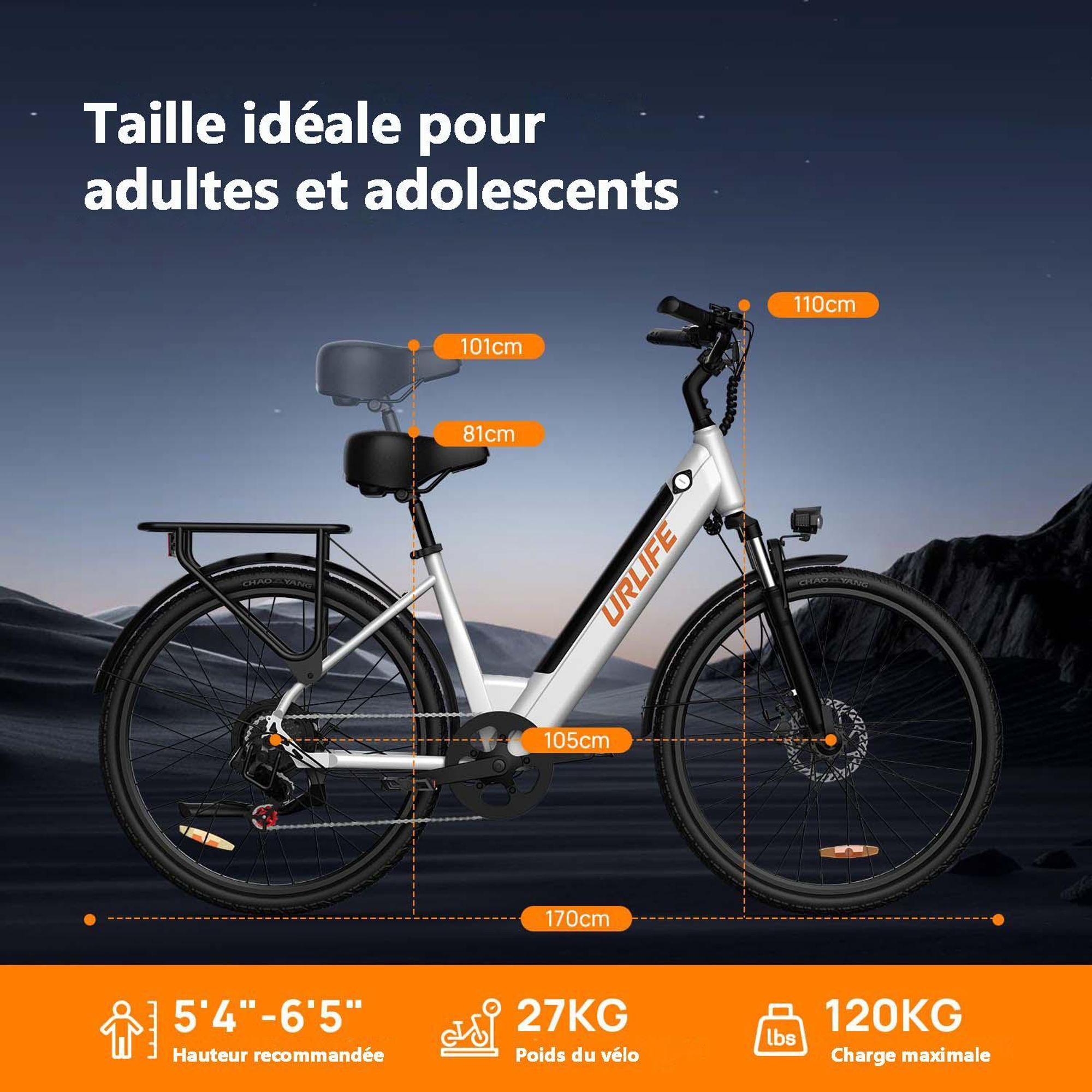 Vélo électrique URLIFE E26 - Moteur 250W batterie 48V10.4Ah pneus 26 pouces freins à disque - Blanc
