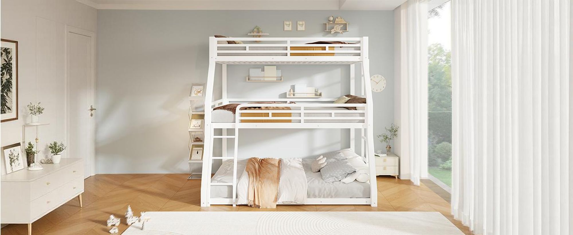 STILVORA Dreier-Etagenbett 90/120/140x200 Ohne Matratze Jugendbett Metallbett für drei Kindern,Kinderbett Bettgestell mit Rausfallschutz,Weiß
