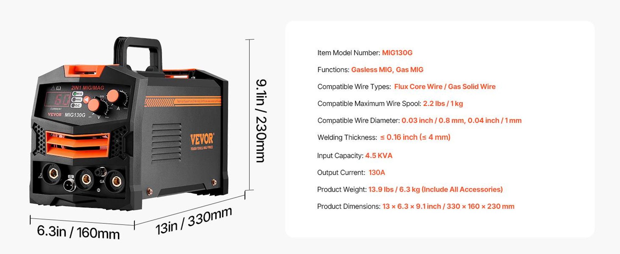 VEVOR MIG-Schweißgerät, 130Amp synergisches MIG-Schweißgerät, gasloser Fülldraht-Schweißmaschine, tragbares MIG-Schweißgerät mit IGBT-Invertertechnologie und digitalem Display, 2-in-1, 130 A-a