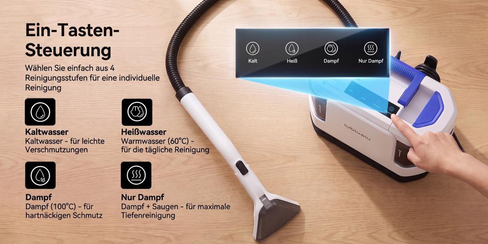 Lubluelu V11 5-in-1 Polsterreiniger Waschsauger Teppichreiniger 30 kPa Dampffunktion 4 Modi 1900 W inkl. Zubehör, 1,9 L+1,1 L Doppeltank für Sofa Auto