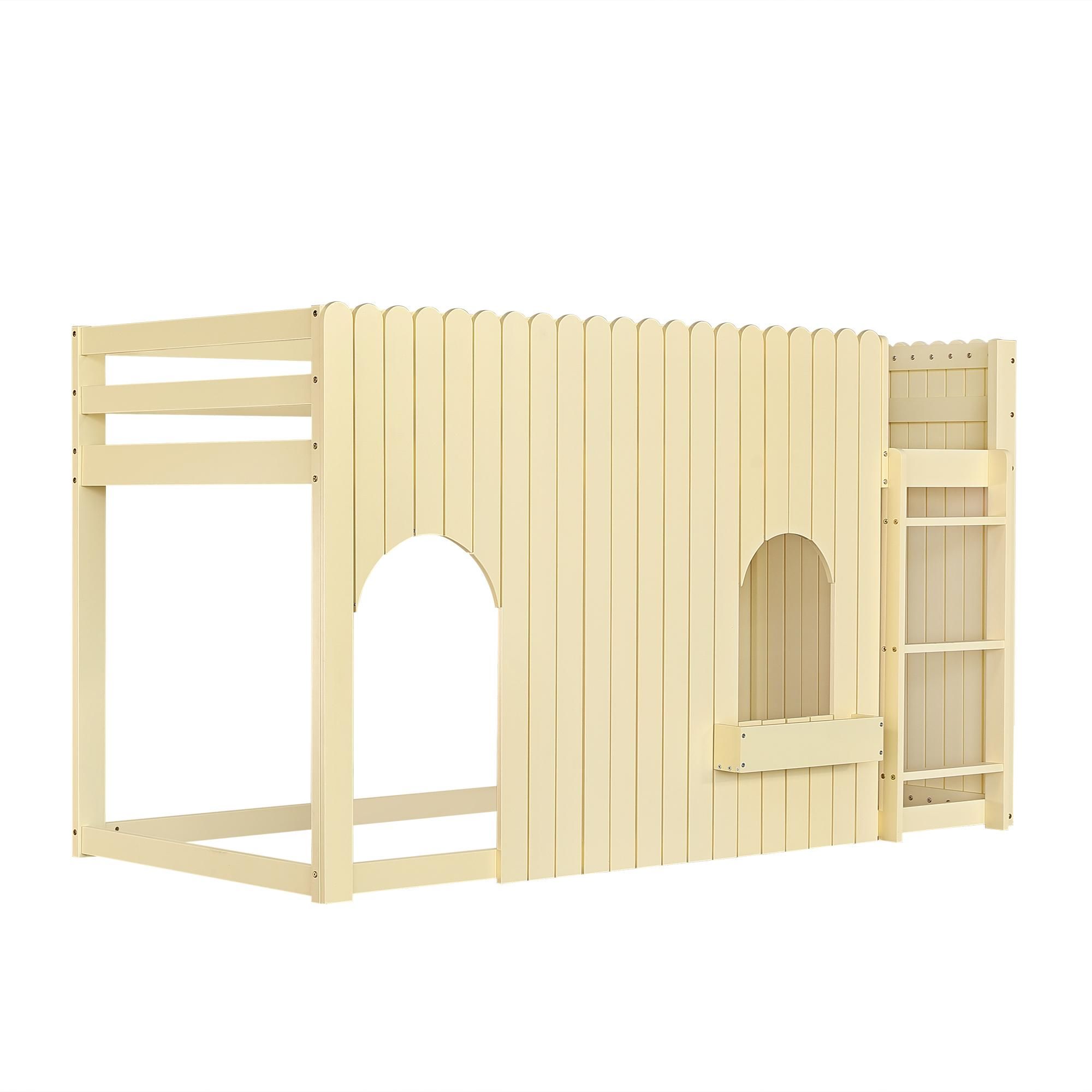 Flieks Etagenbett 90x200cm mit Led, Kinderbett Hausbett mit Fenster und Ablage, Hochbett Einzelbett mit Rausfallschutz und Leiter, Naturbelassen