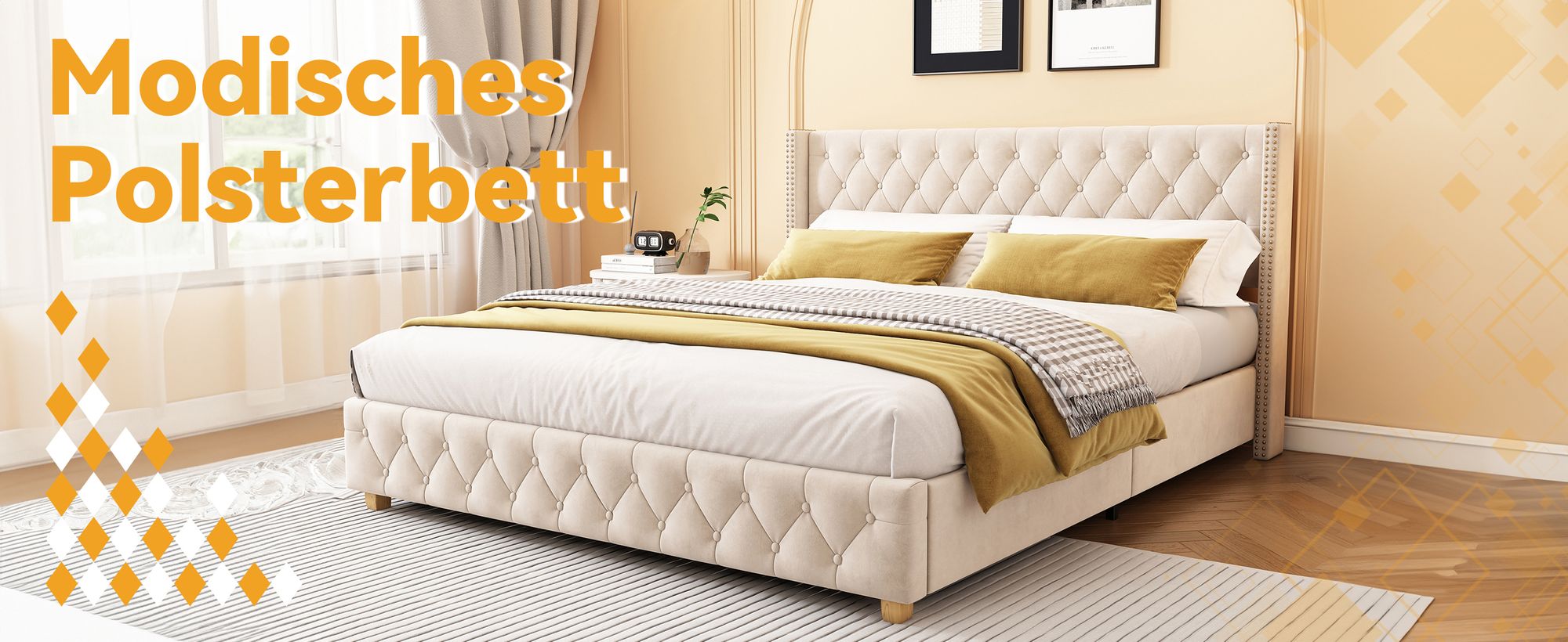 okwish Polsterbett Doppelbett 160×200cm mit Lattenrost und Kopfteil, Knopfpolsterung, Nietenpolsterung, Samt, Hellbeige,Ohne Matratze