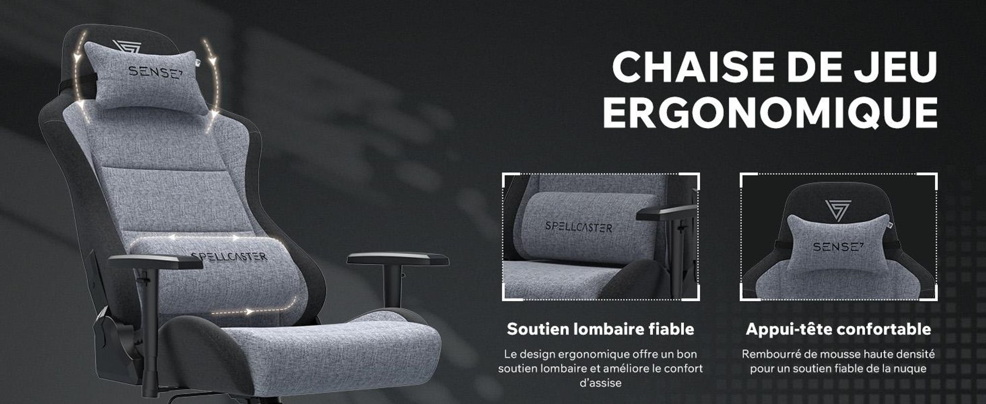 Fauteuil gaming SENSE7 Spellcaster FUKU XL en tissu gris et noir - Fauteuil de bureau ergonomique pouvant supporter jusqu'à 160 kg, avec fonction basculante et roulettes pour sols durs