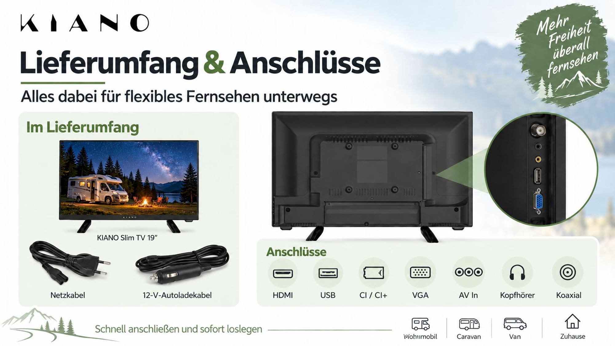Kiano Slim TV Travel 19 Zoll (48 cm) Camping-Fernseher HD DLED 12V DVB-T2/S2/C