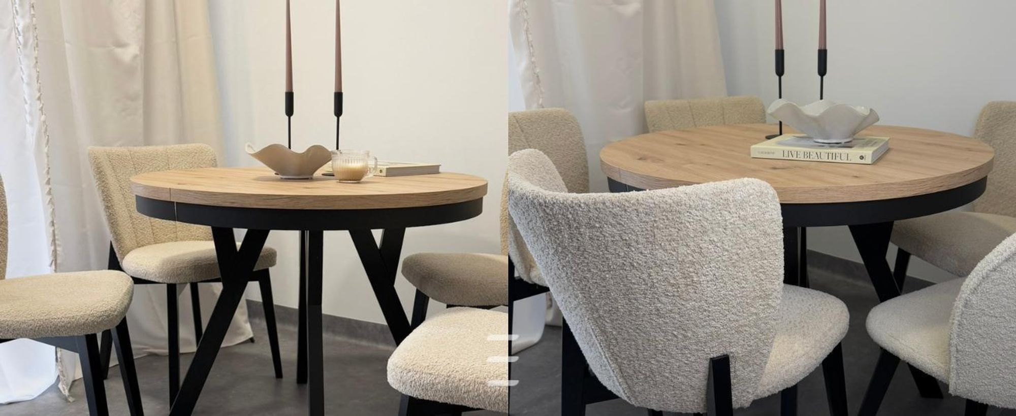 Runder Ausziehbarer Tisch für Esszimmer, PERO mit einem Ring-Gestell, Loft-Stil, Durchmesser: 120 / 220 cm, Farbe: Eiche Wotan / Schwarz