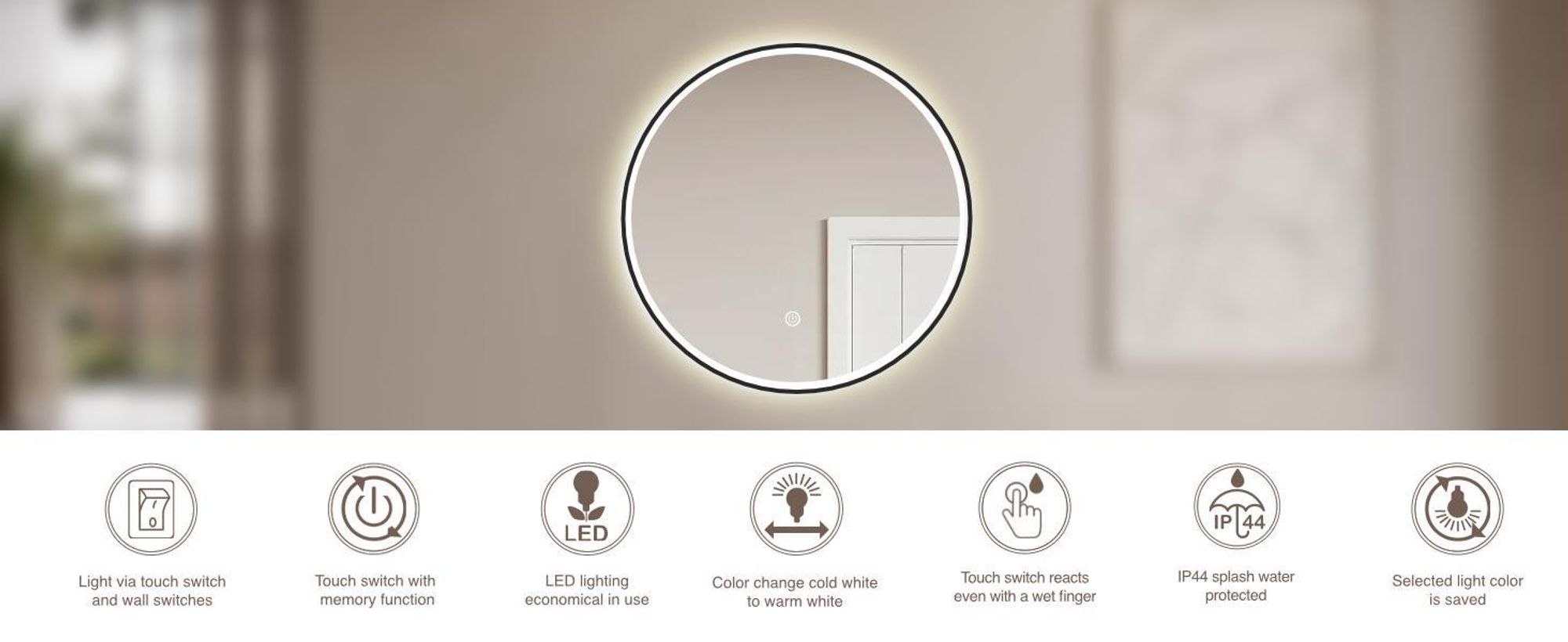 Specchio da bagno HOKO design rotondo 80 cm Amsterdam con illuminazione LED a risparmio energetico e cornice in metallo nero. Interruttore a sfioramento.