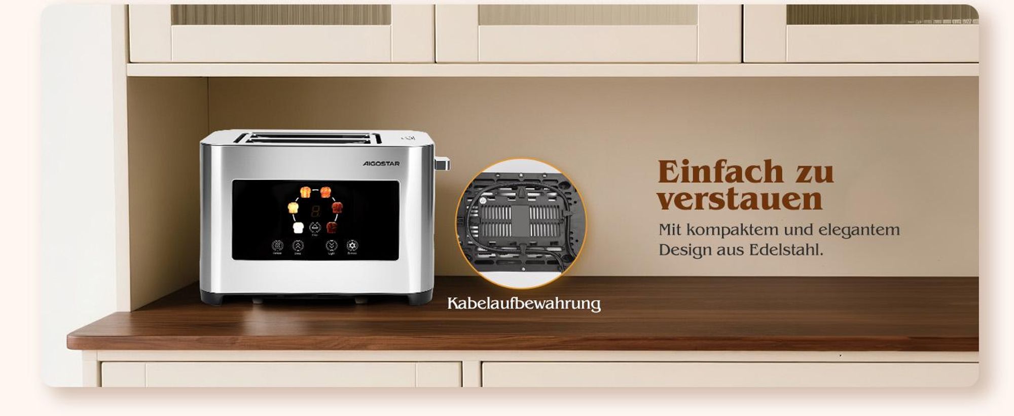 Aigostar - Toaster 2 Scheiben, 6 Bräunungsstufen, LED-Touchscreen, 4 cm extra breite Toastschlitze & Brotzentrierung, Edelstahl, 850W