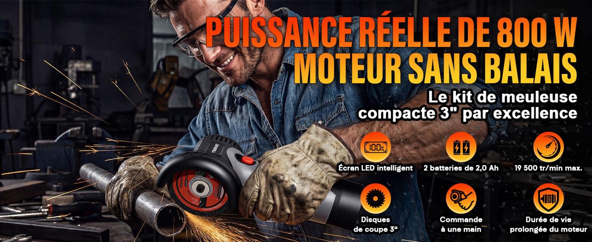 TEENO Meuleuse d'Angle Sans Fil Brushless 16,8V 76mm 19500 tr/min Moteur 800W, Écran LED, 2 Batteries 2000mAh, 6 Disques & Coffret. Couper, Poncer.