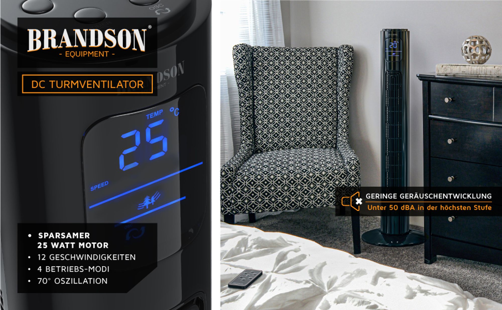 Schwarzer DC-Turmventilator mit LED-Display neben Sessel und Kommode in elegantem Schlafzimmer