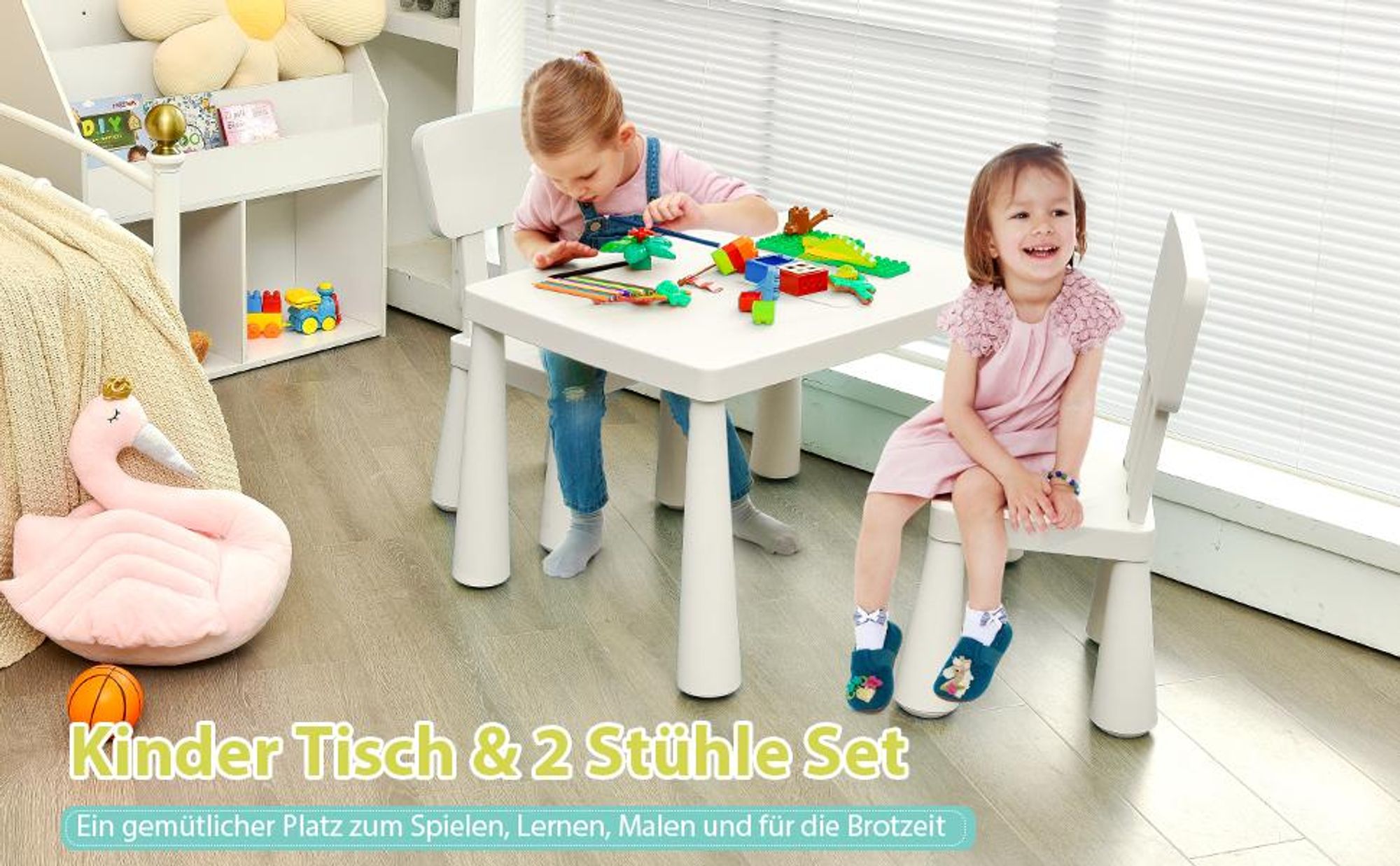 COSTWAY 3 tlg. Kindersitzgruppe, Kindertischgruppe, Kindertisch mit 2 Stühlen, Kindermöbel aus Kunststoff, Kinder-Tischset für Kinderzimmer Weiß