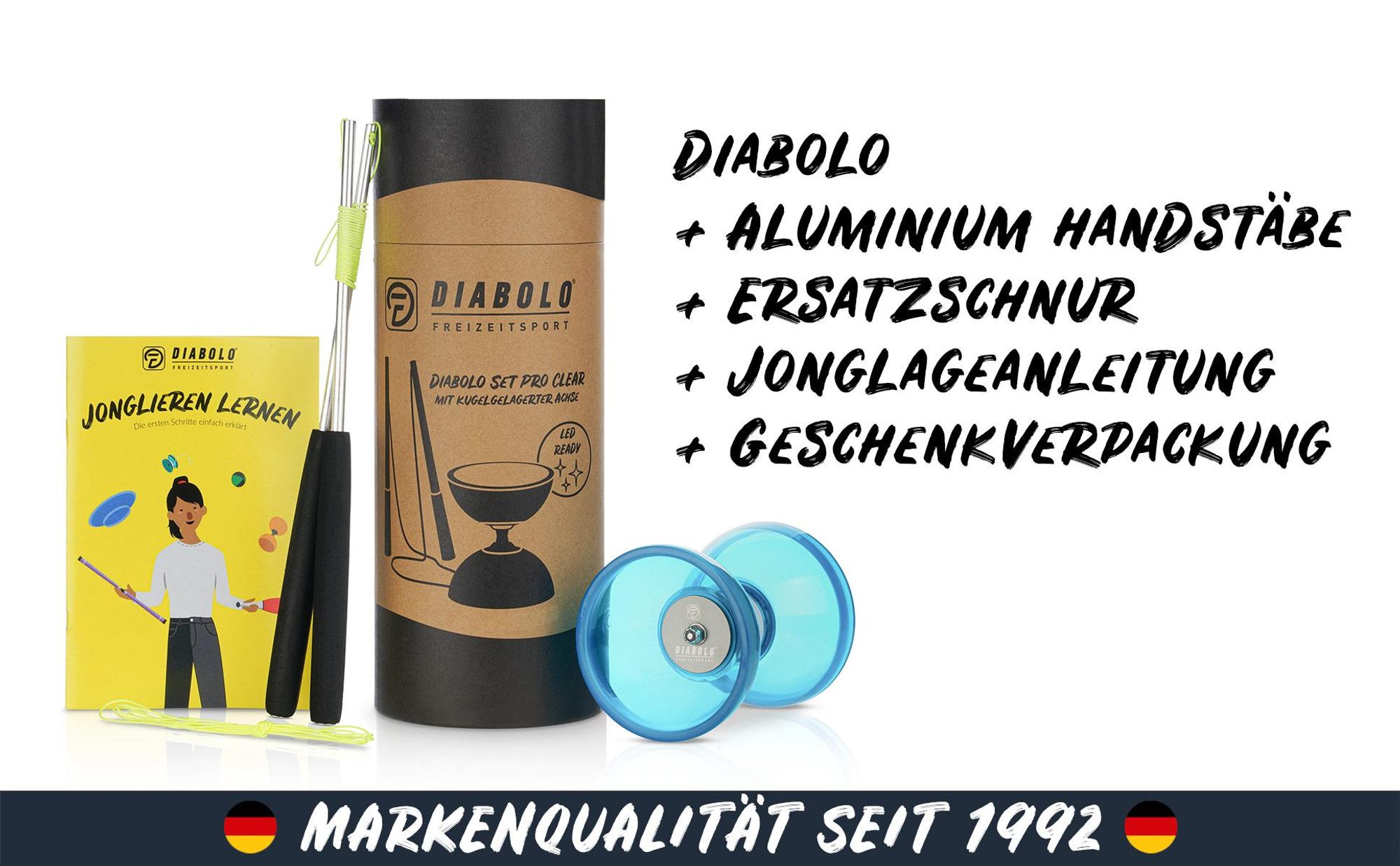 Diabolo Set PRO in Türkis mit Kugellagerachse | Robuste Konstruktion Diabolo-Set mit LED-Licht für Anfänger & Fortgeschrittene Diabolo Freizeit