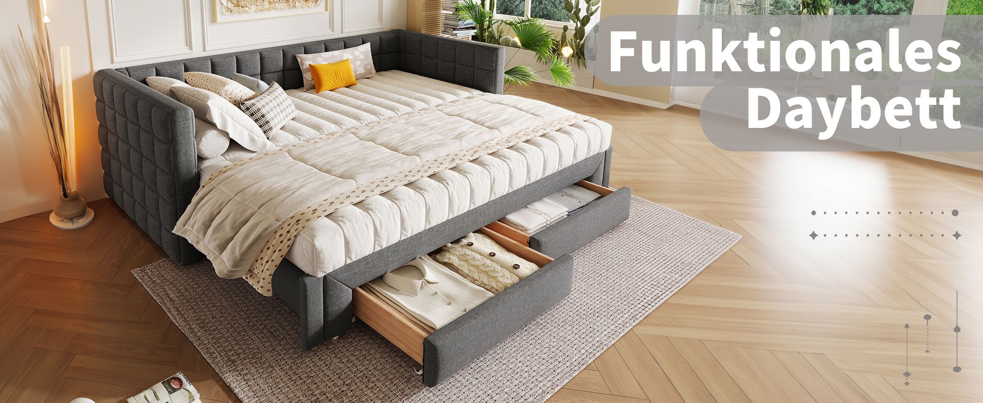 MODFU Daybett, Ausziehbett  90x200cm Schlafsofa Jugendbett Kinderbett Tagesbett,t mit quadratischer Rückenlehne,(ausziehbar auf 180 Queensize), 2 Schubladen, Ohne Matratze, Grau