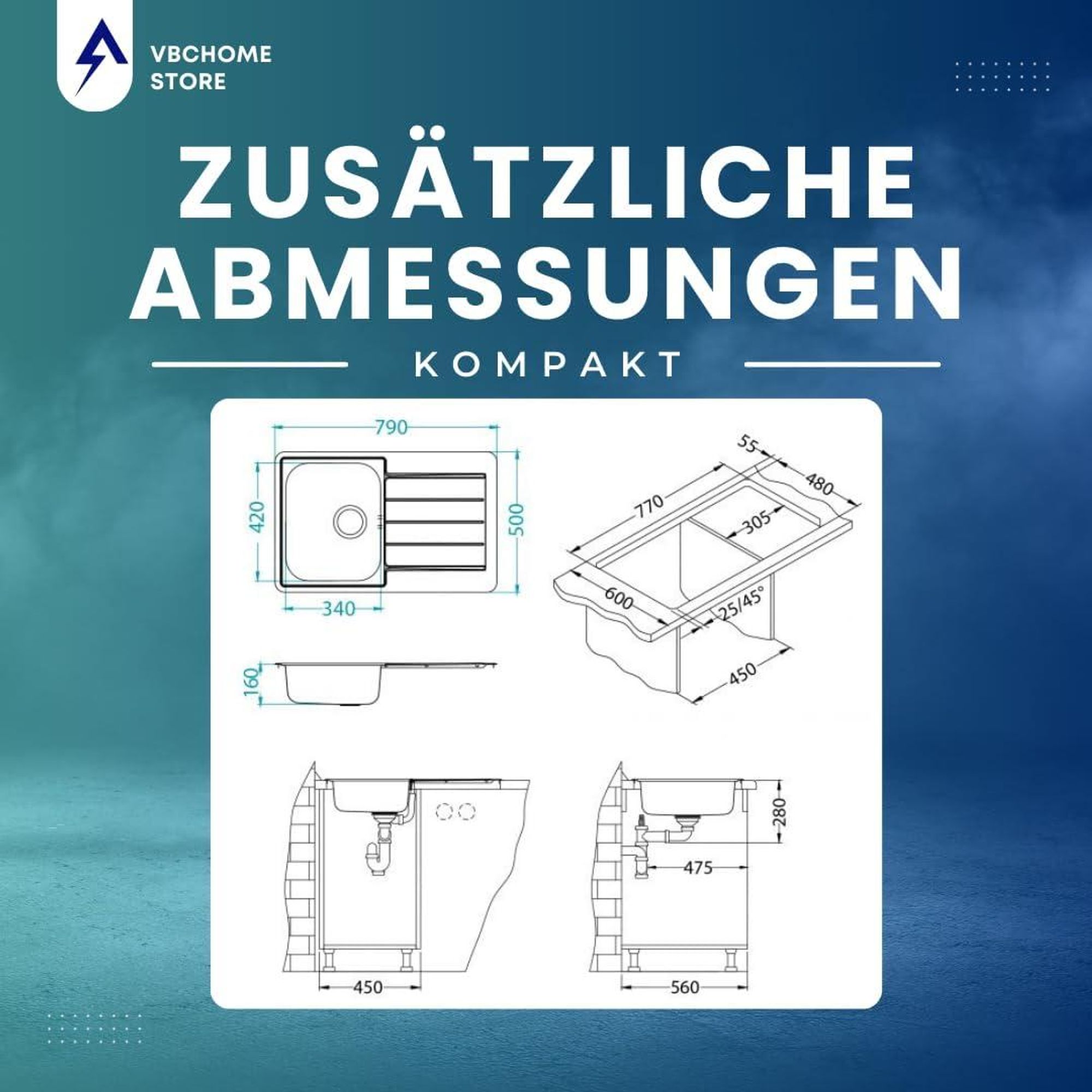 VBChome Edelstahlspüle 79 x 50 cm Satinstruktur Einbauspüle Spülbecken mit Hahnloch Abtropffläche Rechts Ablaufgarnitur Camping Küchenspüle