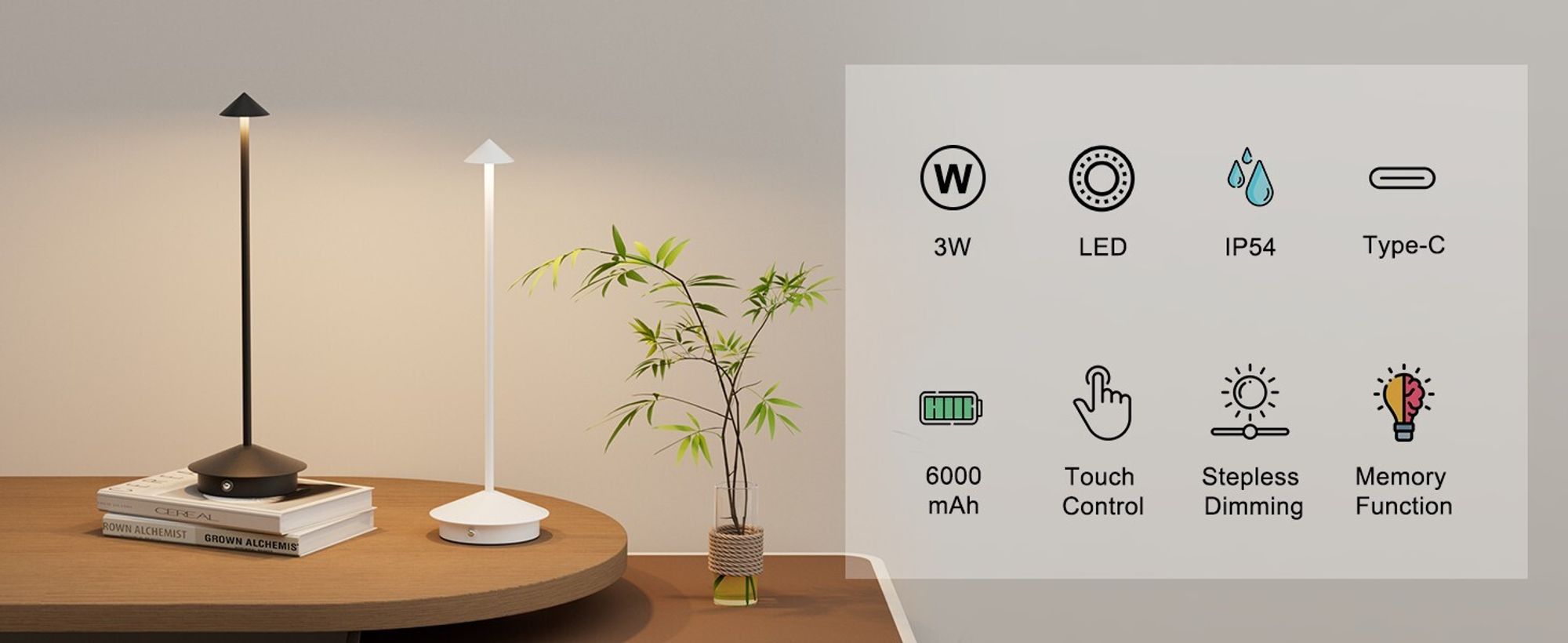 LED Nachttischlampe Kabellose Dimmbare LED Tischleuchte Tischlampe,Stufenloses Dimmen in drei Farben,Tragbare USB Aufladbar kabellose lampe,Weiß