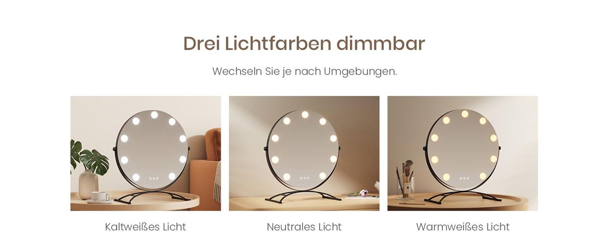 EMKE Kosmetikspiegel Hollywood 47X40cm Rund Schminkspiegel mit LED Beleuchtung und Vergrößerung 7x, 3 Lichtfarben Dimmbar, Schwarz