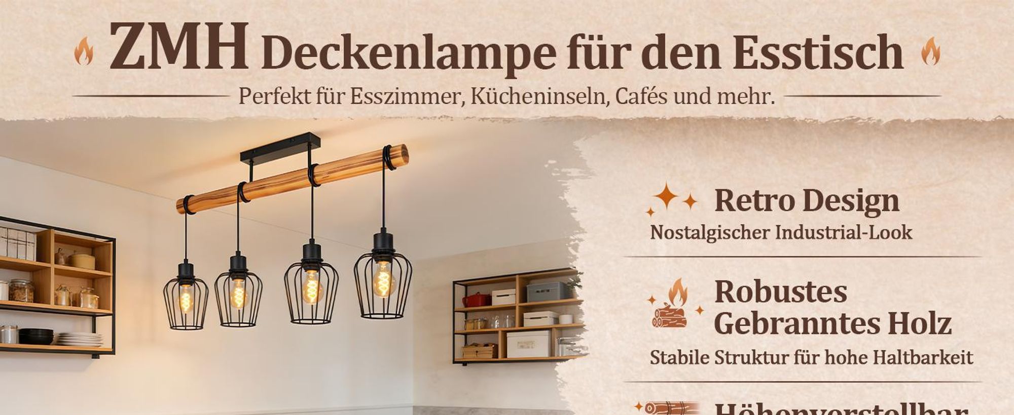 ZMH Lampada da soffitto in legno, lampada da corridoio nera, lampada da cucina a 4 luci, metallo, attacco E27, per cucina, soggiorno e sala da pranzo, lampadina non inclusa