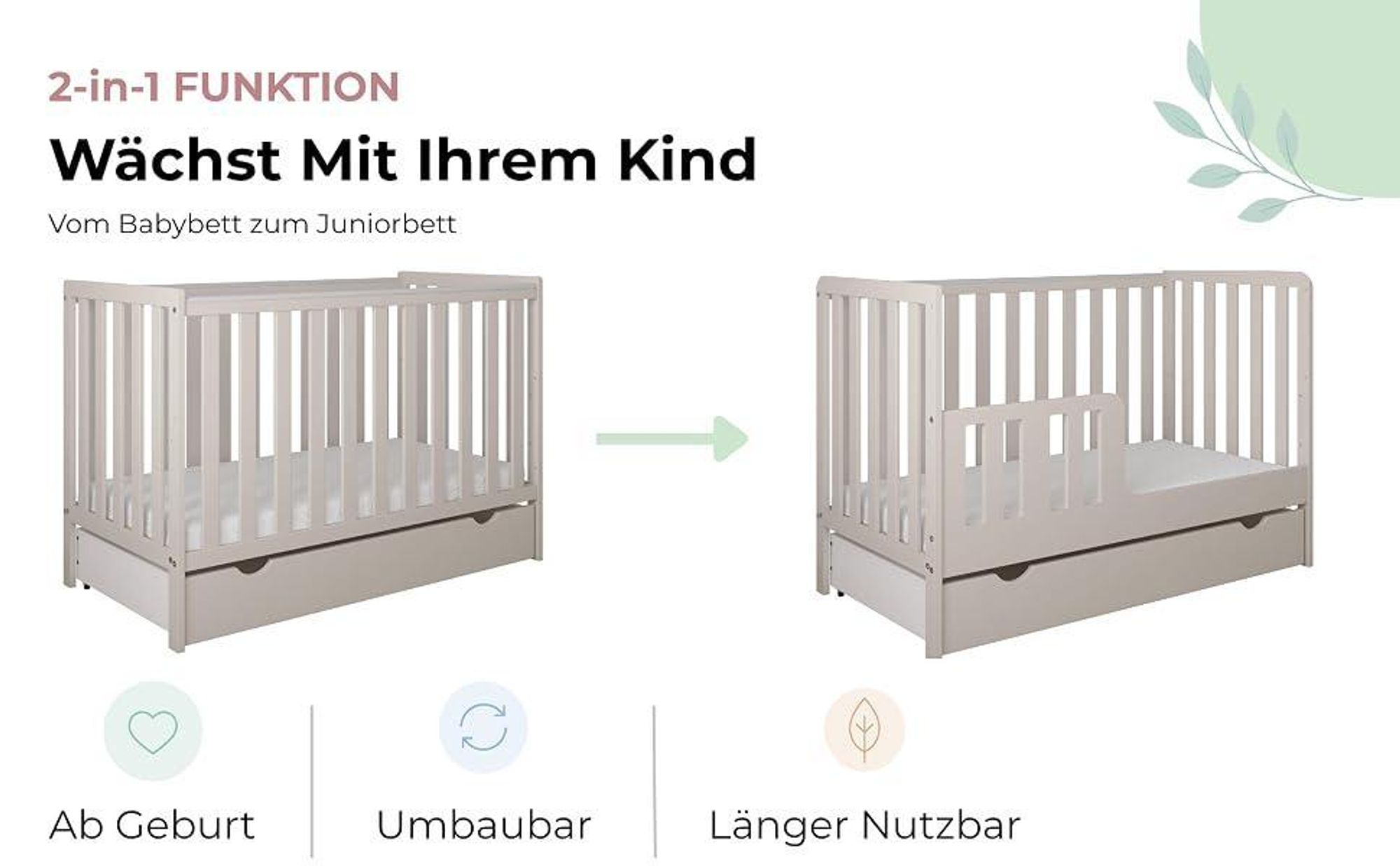 ZEE BAMBI Mint Babybett 120x60 cm 2in1 mit Schublade & Schutzbarriere Klassisches Gitterbett 3-Fach Höhenverstellbar Kinderbett mit Beißschutz